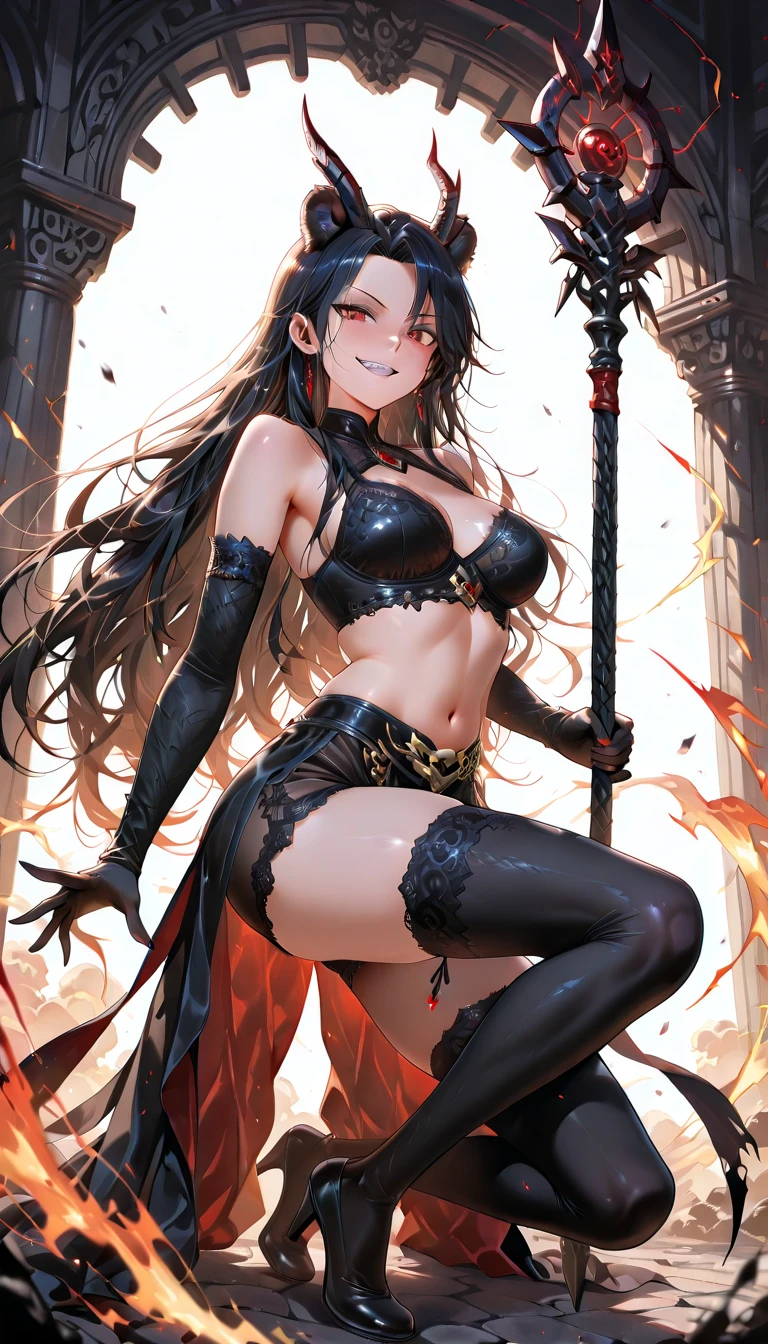 A black haired woman with orange eyes is posing in bikini armor