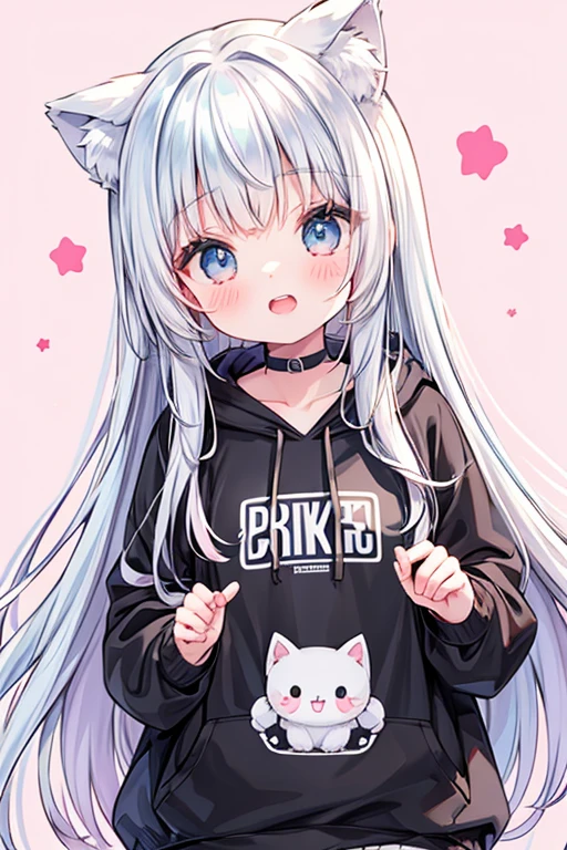 masterpiece, best quality, high res, solo, 1 girl, long hair, , nice breasts, flat chest, small breasts, small chest, bangs, purple eyes, blush, looking at viewer, closed mouth, bright colors, vibrant, extrasharp, high sharpness, nice hands, clear image, bright image, light purple hair, oversized hoodie, big hoodie, large hoodie, black and white hoodie, two color hoodie, long hoodie, hair pin, thigh accessory,  bare legs, cute face, cat ears, cat tail, cat girl, no pantackground, standing up