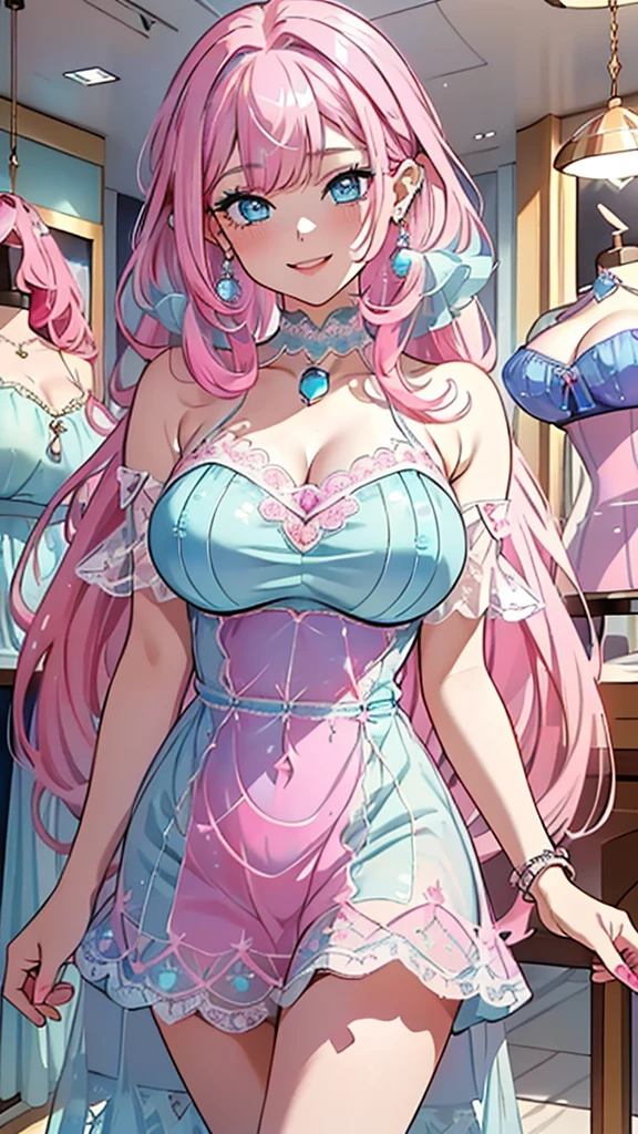 A woman dressed in a noble robe, long curly hair ,big breasts,Show your breasts,(pussy,bare female genitals), Wear a rococo ball gown to look elegant... Decorated with long shapes, fluffy skirt.,Beautiful rococo style evening gown with amazing details... Finished off with a long skirt with large pleats...