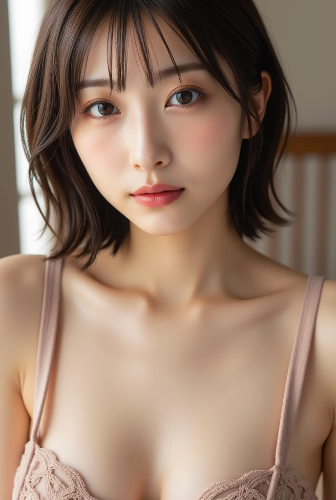 masutepiece, Best Quality, 8K, 10yaers old, , Raw photo, absurderes, award winning portrait, Smile, Solo, (Night:1.8), Idol face, violaceaess, Delicate girl, Upper body, Digital SLR, Looking at Viewer, Candid, Sophisticated,Thin arms, Professional Lighting, Film grain, chromatic abberation, (Eyes and faces with detailed:1.0), (Bokeh:1.1) , Distant perspective , bed , laying on back , Perspective from above , closes mouth  , A dark-haired , dishevled hair, tiny chest ,short-hair