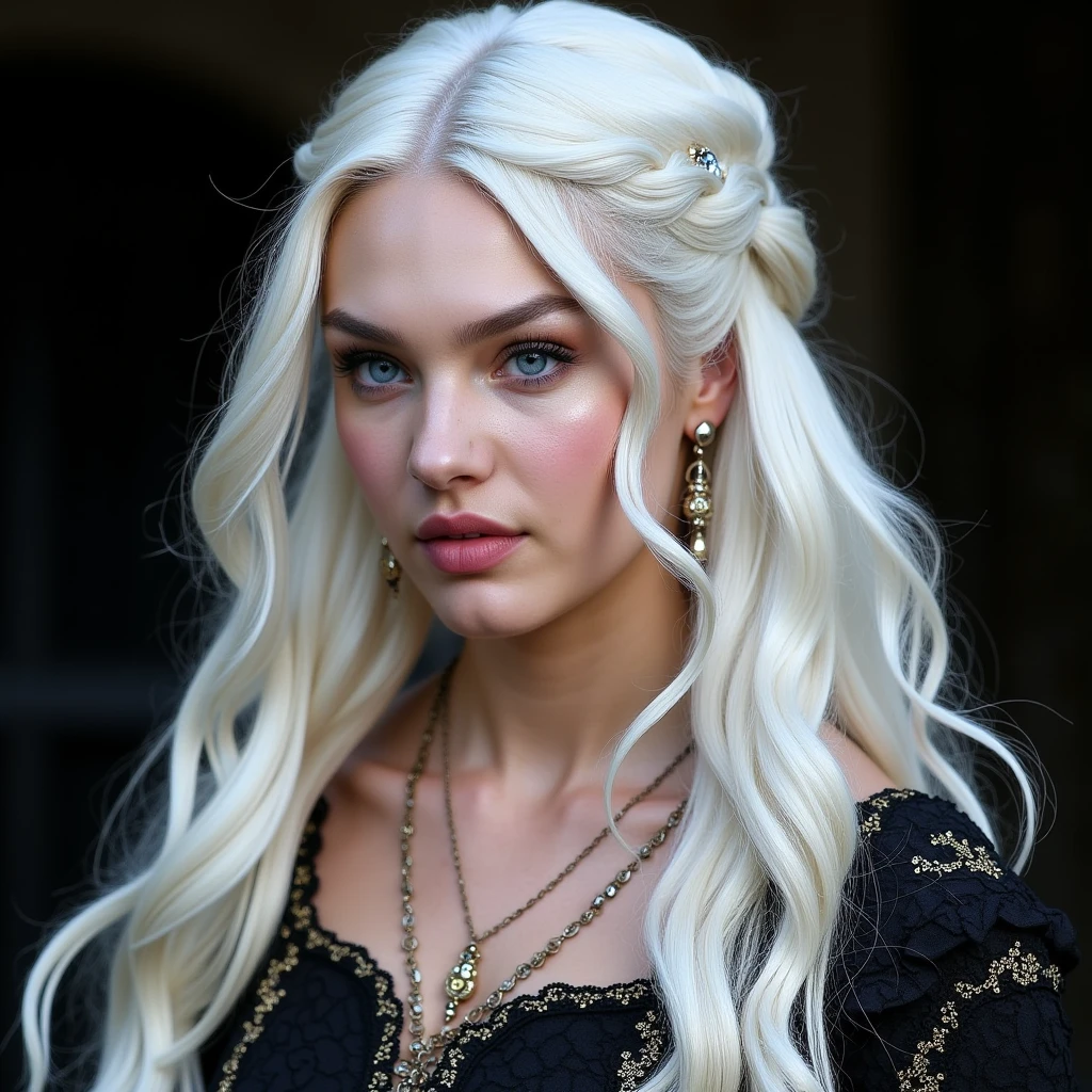 princesa, jovem, rosto bonito, cabelos longos, cabelo loiro platinado, Targaryen princess, rosto realista, belo rosto