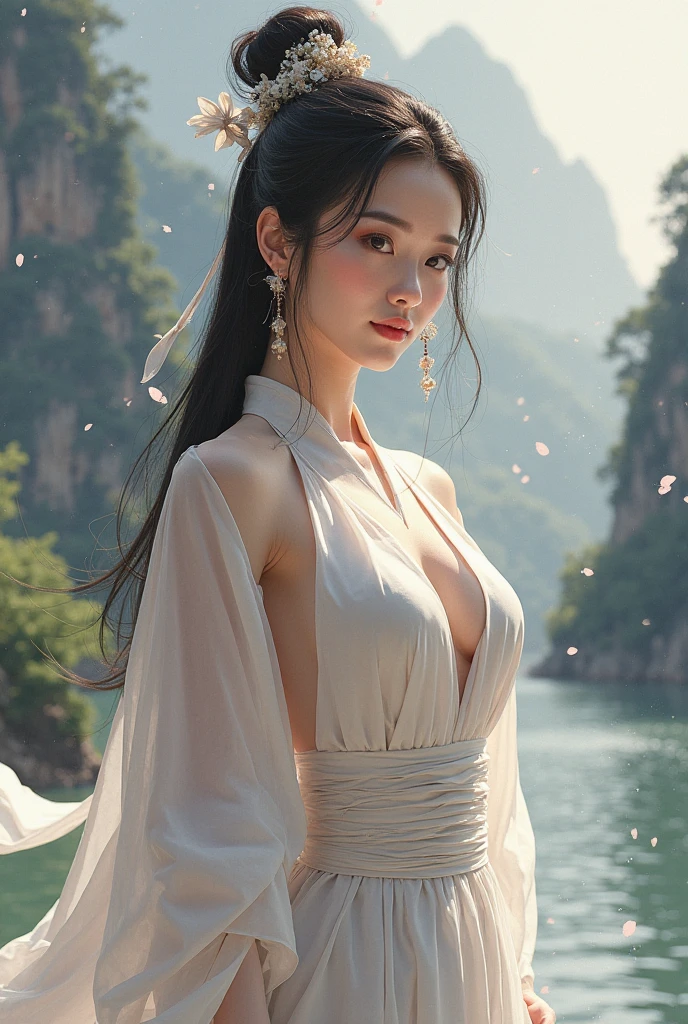 (original photo:1.2), (lifelike), Beautiful and exquisite beauty, 半遮脸面具白色衣服Very detailed eyes and face, beautiful and delicate eyes, Larger file size, high resolution, Very detailed, best quality, [on the table:1.6], illustration, Very detailed, Exquisite details, best quality, 8k wallpaper, Light, Female swordsman, ponytail dark hair, Open chest white kimono,&#39;s chest is open，White is clearly visible.,  Legendary Sword, See-through kimono, serious facial expression, Slim, young face, big breasts, physical maturity,On the foggy battlefield, Great sword, Be attacked by monsters，