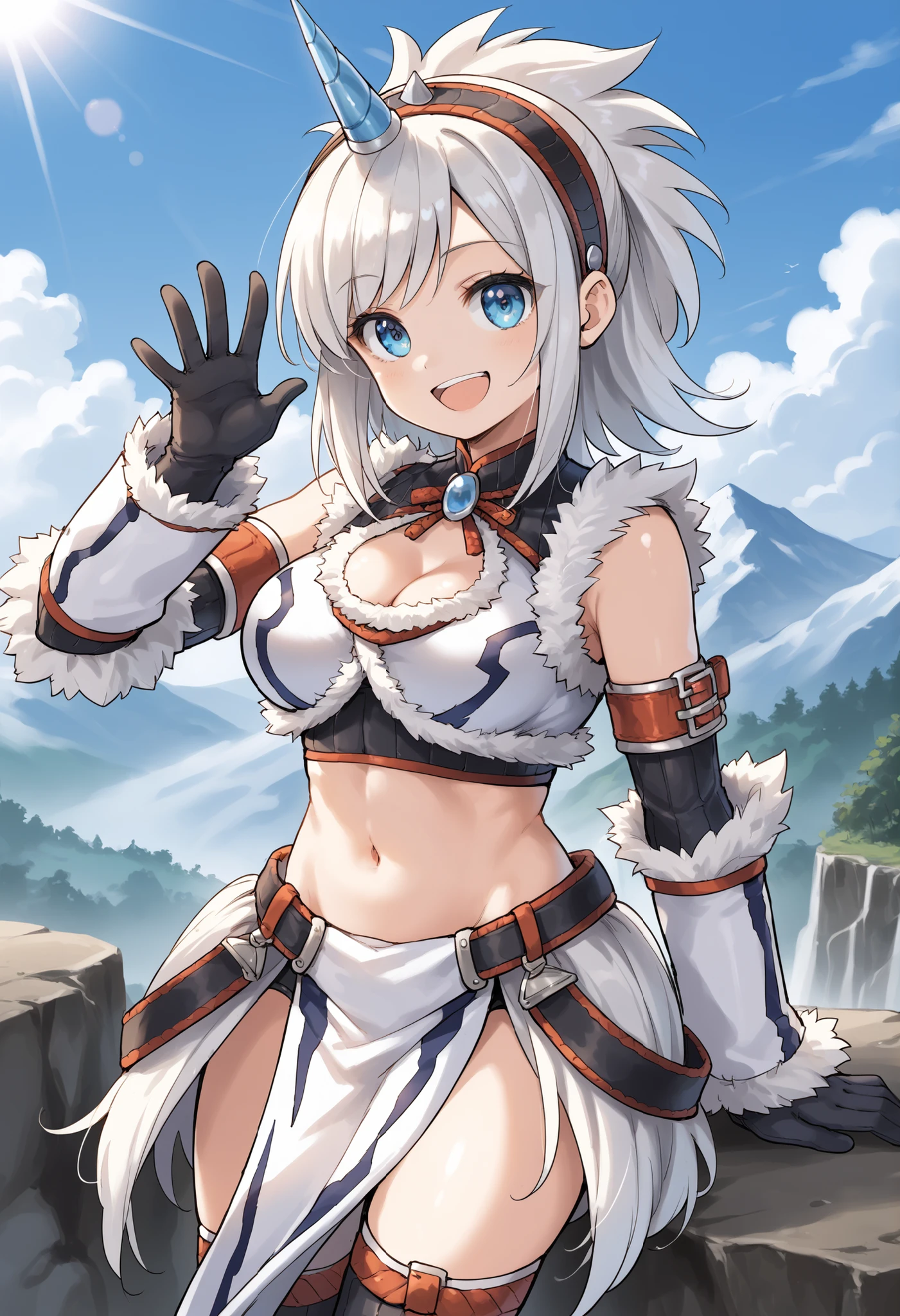 best quality, integrated scenery, integrated background, extremely delicate and beautiful, meticulous details, good composition, , cute face, perfect face,( score_9:0.9), score_8_up, score_7_up,rating_safe, anime style,(zPDXL), Armor , young_girl, Alone, single_purple_horn Hairband, Blue Eyes , belly button,large_breasts, white loincloth , smile, mountain background, monochrome, white bandeau, armpit,raise_arm,(abs:0.65),smile,spiky_bangs,sunlight,spikey_shaggy_hair,oil,knee-highs,large_breasts, Waving_one_hand,open_mouth,