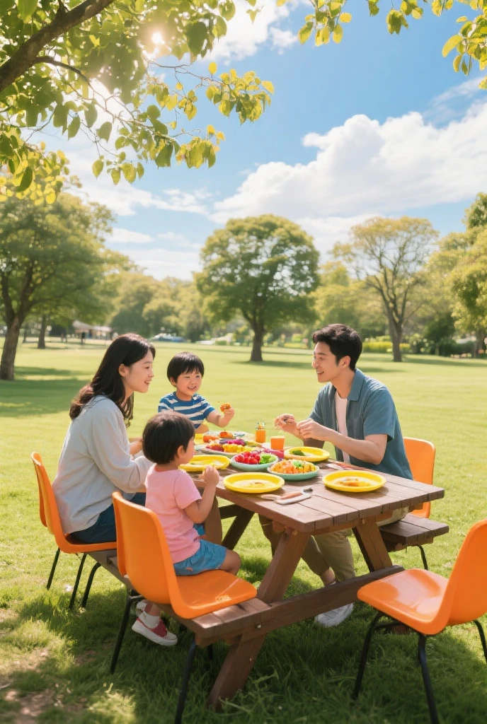A child is sitting and eating happily outdoors in nature. A plate is placed on a wooden table. Food is on the plate. Realistic photography style. Sunlight, big trees and grass. Long-range view from top down.
