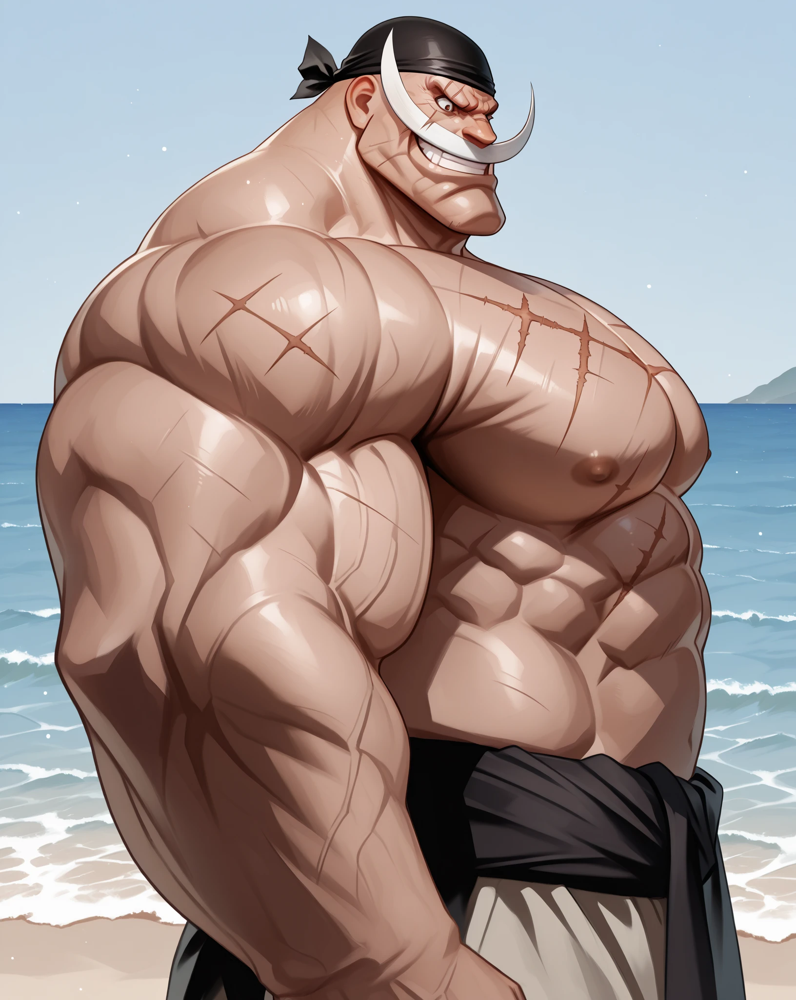 chubby man (jinbei) standing in beach, blue skin, muscular, chest tattoo, beach, palm, realistic, 8k, masterpice, (shirtless, naked topless.)