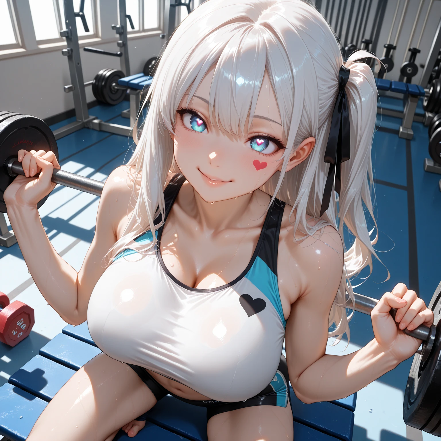 best quality,ultra-detailed,high resolution,extremely detailed CG,perfect anatomy,detailed,cinematic lighting,beautiful detailed eyes,ultra high res,pov,1girl,MILF,milf,gleaming skin,oil skin,large breasts,wide hips,skindantation,sweat,humid,clothed,curvy, (night:1.1),(moody lighting:1.3),(classroom:1.5),blue red pink white,dashed eyes,Pink Leggings,sports bra,(seductive smile:1.8),(sweat:1.2),from back,ass focus,hand on own ass,top-down bottom-up,(open mouth:1.3),silver hair,blonde