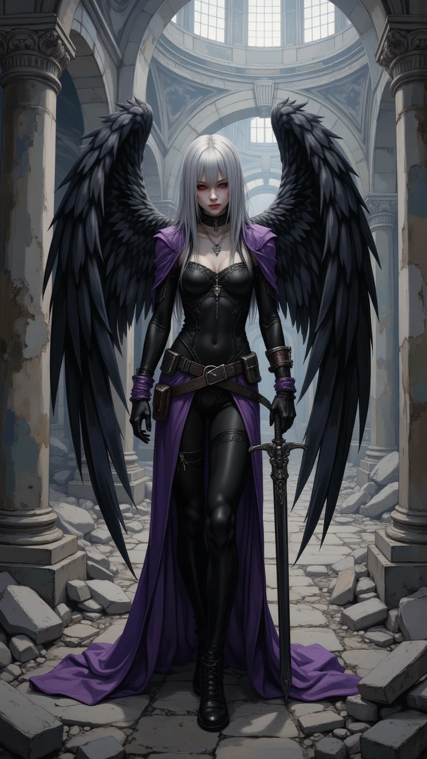 Dark harlequin with light hair and raven wings stands against the moon