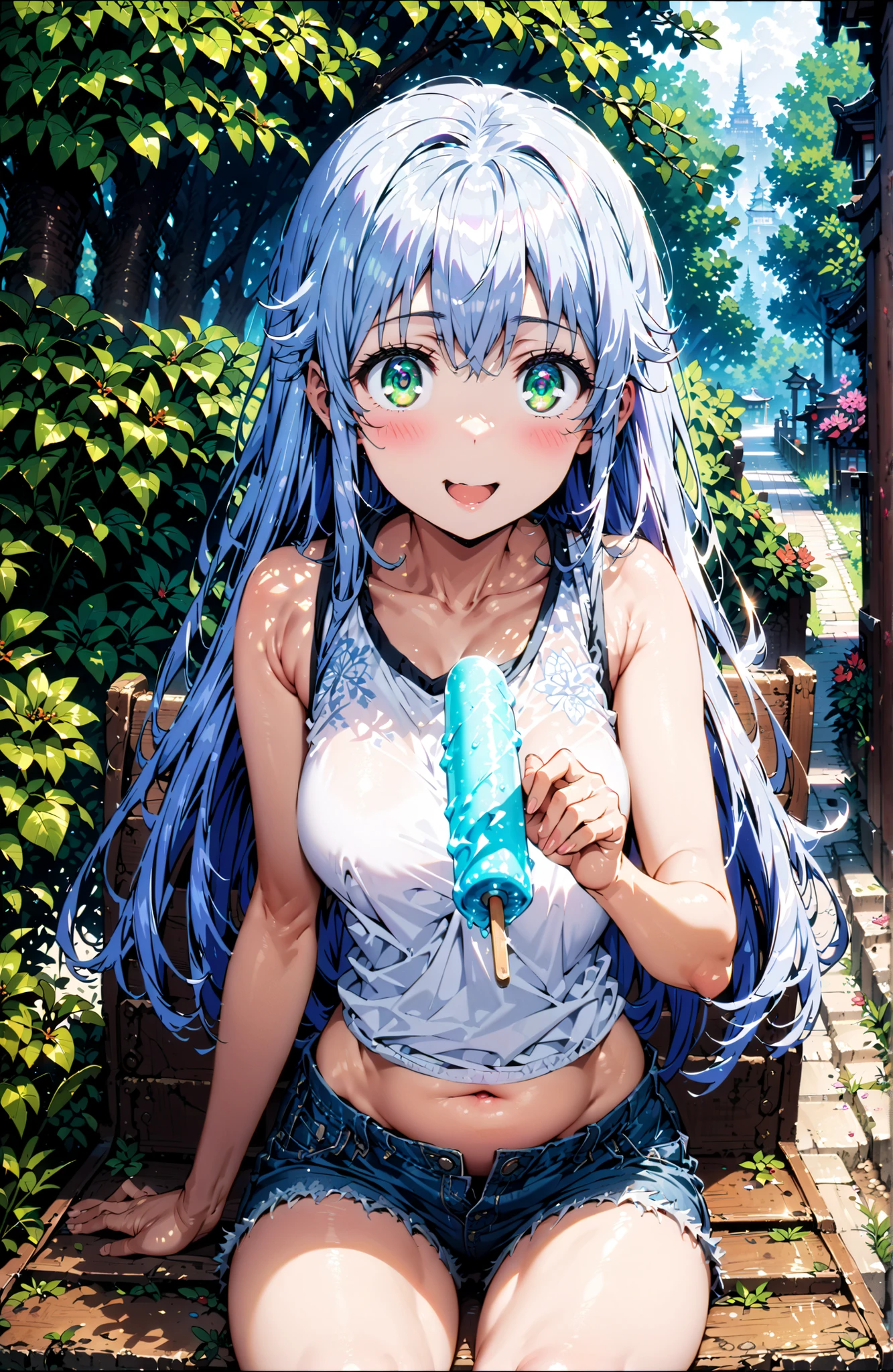 Prohibited bibliography, green eyes, blue hair, split bangs,long hair,Holding a popsicle with one hand,eating ice candy,  smile,blush, open your mouth,tank top,belly button out,denim micro shorts,sitting on a bench,summer,昼full bodyがイラストに入るように, Beautiful Streetscapes,in their 40s looking at viewer,full body,in their 40s outdoors,Japanese Garden,
in their 40s (masterpiece:1.2), best quality, high resolution, Unity 8Kの壁紙, ( 's art :0.8), (beautiful detailed eyes:1.6), very detailed face, perfect lighting, very detailed CG, (perfect hand in h, perfect anatomy),