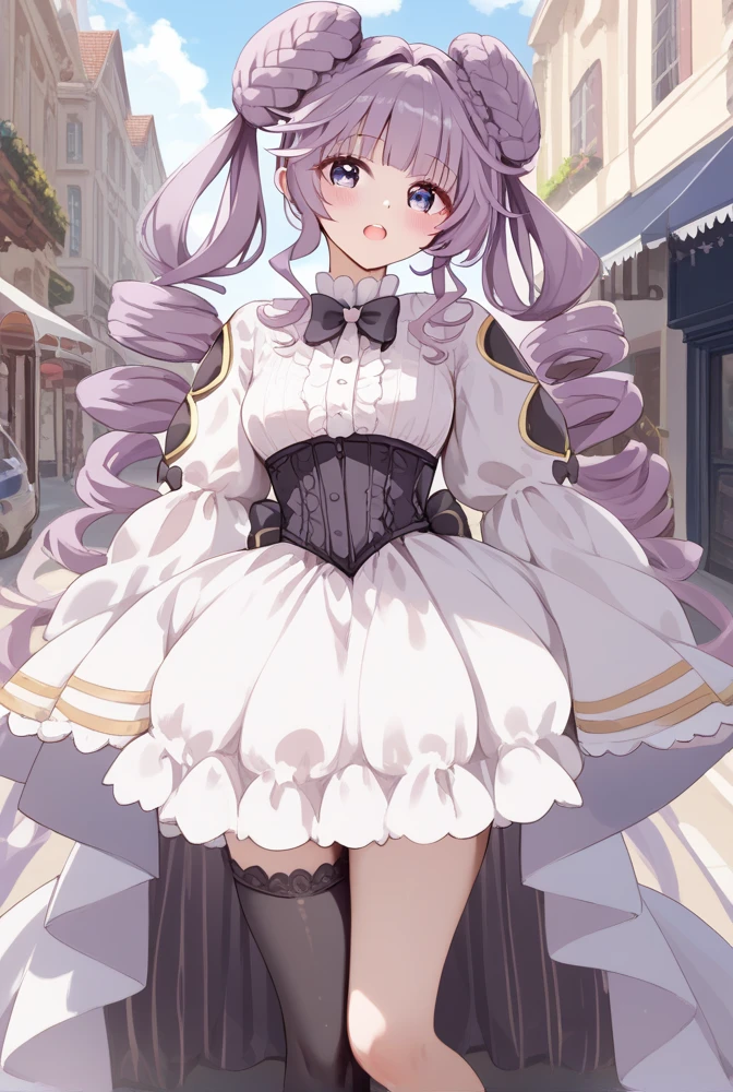 masterpiece,best quality,nsfw, , selettrice vaalmonica ,light purple hair, very long hair,twin drills,cute, goth fashion,blush,standing,open mouth,,street,middle breasts, single black thighhigh , one thigh high , bare left leg
