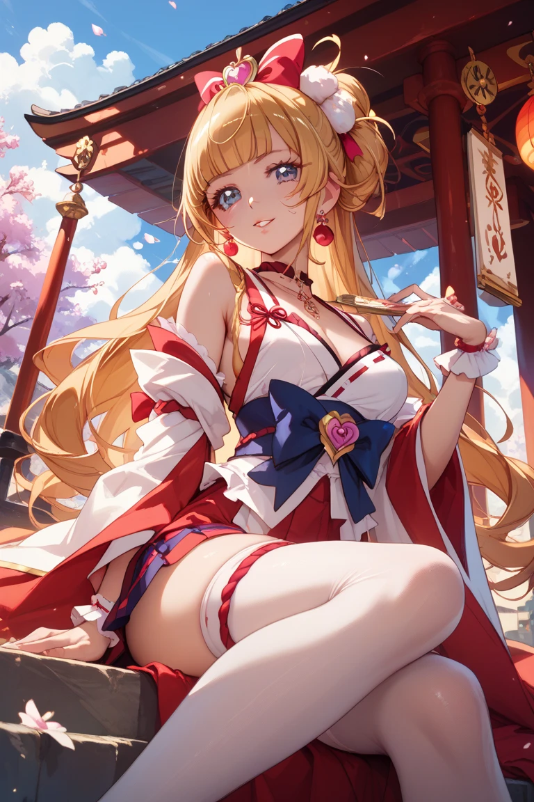 a blonde、Red eyes、Beautiful girl alone、Sexy、Princess Cut、Floral Kimono、Western-style castle、Meticulous feet、Fingers arranged neatly