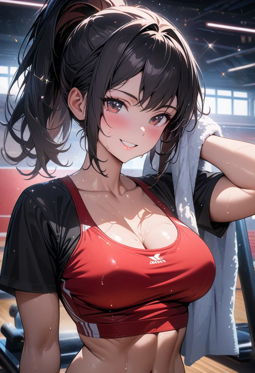 very cute and beautiful girl,(Very detailed美しい顔), (((Close-up shot of face、Open your mouth very wide、Sweating all over、Sweaty、Looking up、、Excited、Fascinating、orgasm、shortness of breath、Very humid、vapor))),blush,Black Hair,Seraphim,((short hair、Black Hair、Pink hair on the inside、Gal、Small breasts)),((Track & field athletes' uniforms)),((Reaching for the camera、Spread your legs、High angle、Dynamic Angle、Hands on the local area)), ((Small storage room in gymnasium、Dim lighting、vapor、Sigh、The expression of the limit)), (Highest quality,masterpiece:1.0),Absurd,High resolution,Super detailed,Very detailed,32k,8K resolution, Intricate details,Movie Scenes,Detailed Background,alone,Dynamic Angle,