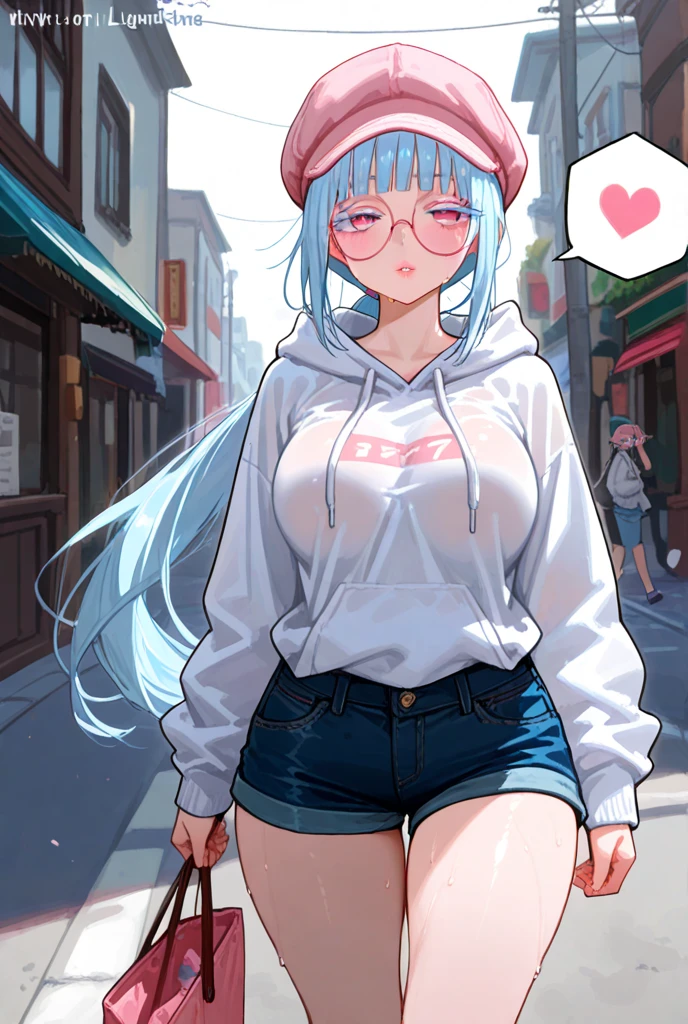 (8K, Highest Quality, Masterpiece:1.3)), Ultra High Quality, (1 girl, 1 person), (Color changing eyes, Ultra detailed, Expressive glow, Sparkling eyes), Very detailed eyes, Very detailed face, Random hair, (Silver gray color), Exposed, Split seat, Casual T-shirt with denim jumper skirt, Angle from below, (Cute panties:1.3), (Ecstatic expression:1.2), White skin, Seductive, Cleavage, Wet panties, Bus stop