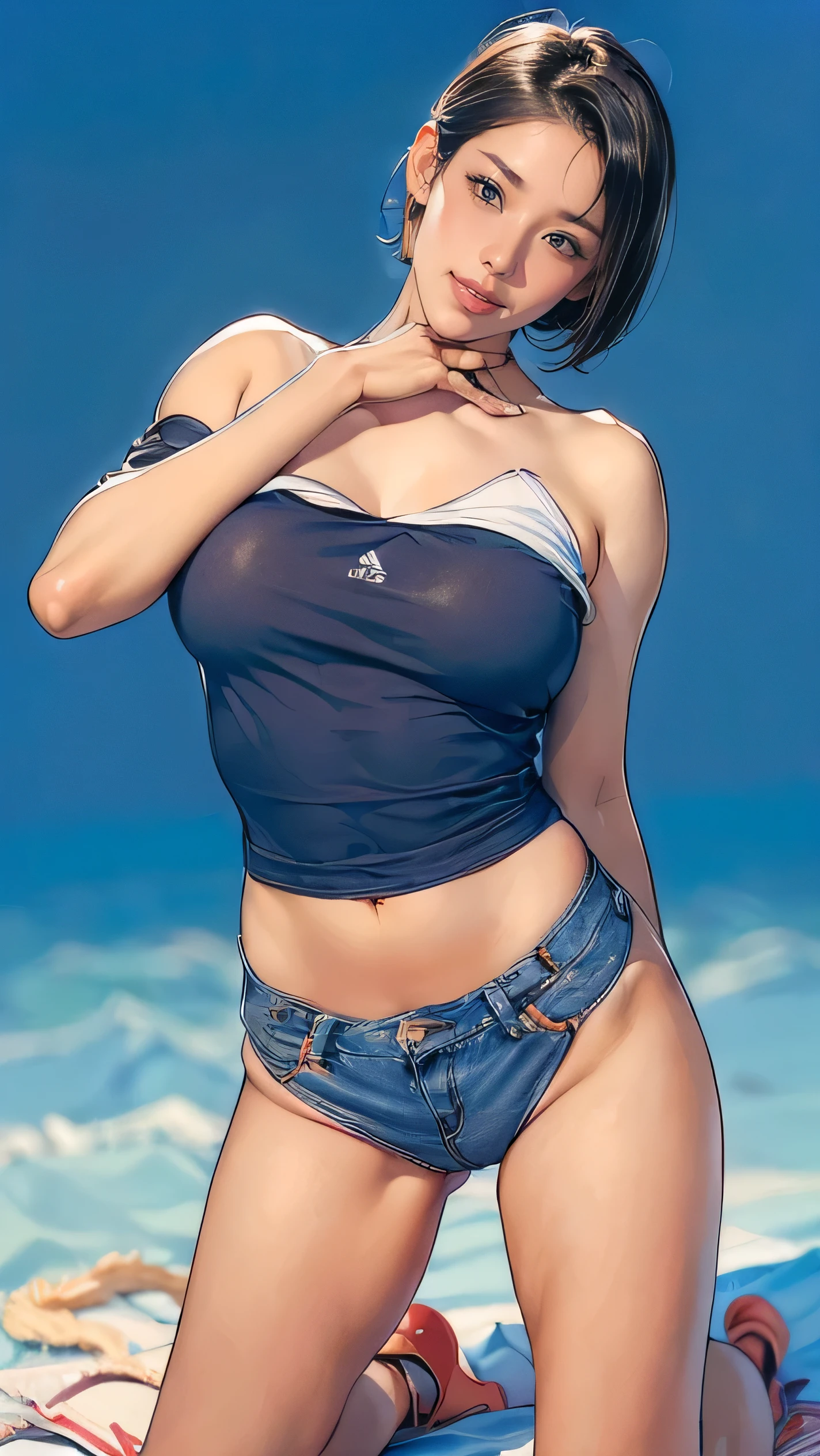 High resolution, woman , good lighting, despicable, , (No nudity), (((jean shorts))), ((white sports bra)), (((leather thigh high boots))), (), abdomen only, (wet shorts), , cute face, I'Iは恥ずかしくて赤面します, humiliating, ((sit with legs wide apart)), ((black hair))