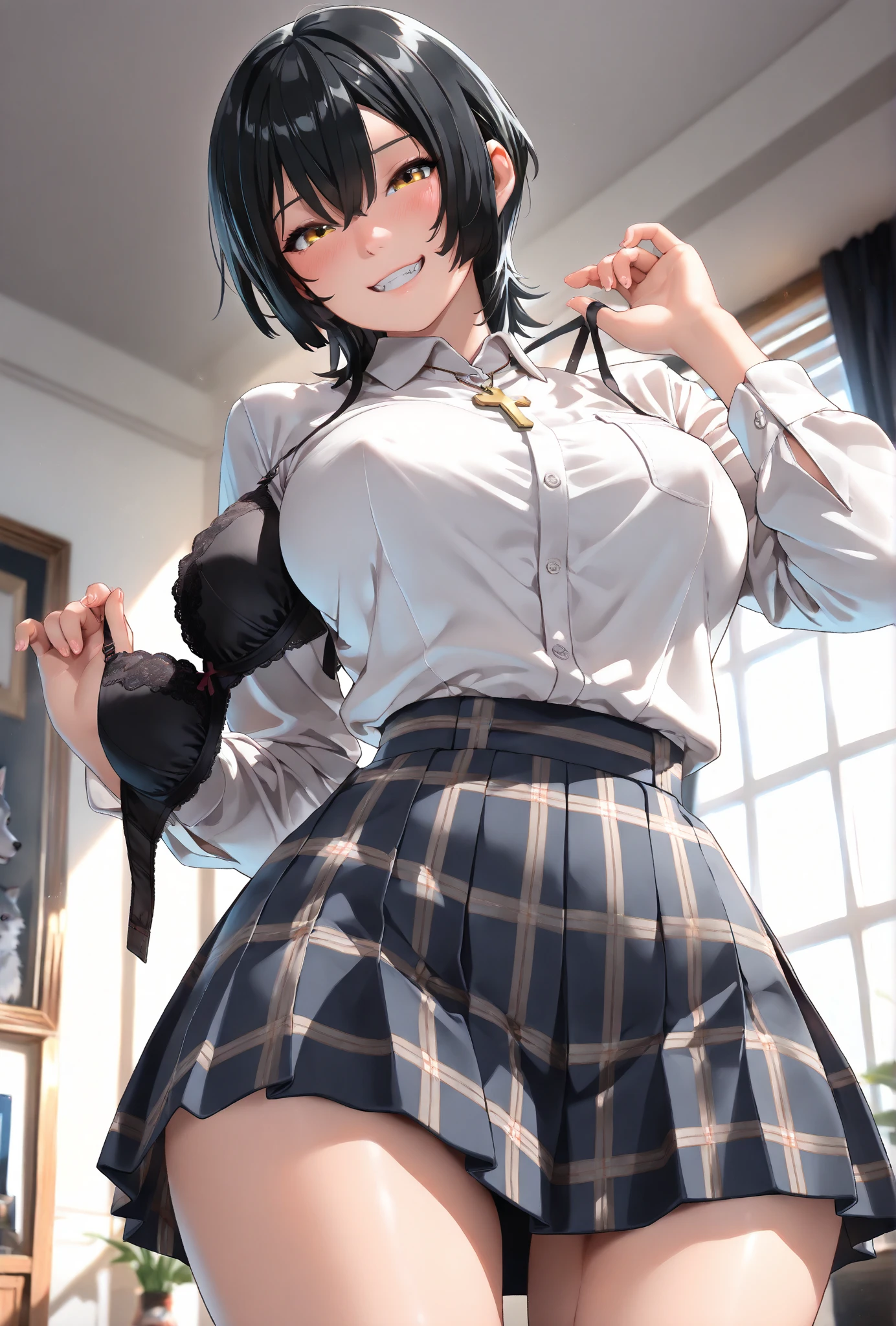 {{beautiful}}, amazing, (best quality:1.5), (masterpiece:1.5), extremely delicate and beautiful, intricate details, finely detailed, extremely detailed, beautifully detailed, ultra-detailed, (hyperdetailed:1.5), high resolution, (illustration), watercolor pencil, Clear line drawing, (ufotable style:1.1), (ufotable screen cap:1.1), anime coloring, anime screencap, (latest picture), backlighting, dynamic angle, glow, depth of field, {{body satisfaction}}, (body with a good balance of style:1.5), (slender figure:1.5), perfect body, perfect hands, perfect feet, (two arms:1.2), (two legs:1.2), (five fingers each:1.2), (perfect joint:1.2), perfect joint movement, beautiful detailed eyes, (detailed eyes:1.5), finely detailed eyes, perfect anatomy, full dissection, perfect composition, correct limbs, balance and coordination in all things, realistic:0.5, precise fingers and hands, (finely drawn hair:1.5), {{shy girl}}, (black hair:1.3), (short hair:1.3), (straight hair:1.3), bangs, (orange eyes:1.3), (medium breasts:1.3), (small-sized buttocks:1.3), {{school uniform}}, (white collared shirt:1.5), white shirt, breast tent, (checkered pleated skirt:1.5), checked skirt, pleated skirt, (unbutton one's first button:1.5),