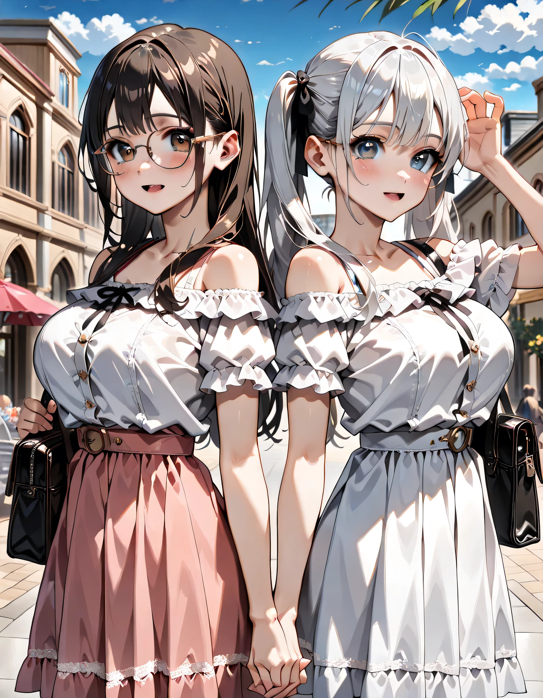 (score_9, score_8_up, score_7_up), source_anime, absurd_res, white, blue, black, (2girls), super fine illustration, an extremely delicate and beautiful, best quality, masterpiece, 8K, (upper body:1.3), Marika, Sena, back to back pose, silver hair, black hair, twin tails, black hair bow, black hair, long hair, swept bangs, half updo, aqua eyes, orange eyes, (wearing glasses:1.3), (round eyewear:1.3), round_glasses22A, (thick eyebrows), T-shirt with lightpurple, bustier with pink, mermaid skirt with lightbrown, shoulderbag, off-shoulder with bluepurple, culotte skirt with beige, shoulderbag, youth fashion, casual fashion, perfect feminine figure, anatomically perfect, beautiful detailed faces, huge breasts, radiant smiles, playful postures, matching outfits, peace signs, winking, cheerful expressions, Walking the streets of Paris, Paris cityscape background, Walking holding hands, vibrant colors, cute aesthetic, friendship theme, dynamic composition, energetic atmosphere, detailed facial features, bright lighting, youth fashion, standing pose, complementary poses, joyful mood, style, bubbly atmosphere,((4k,8k,Ultra HD)),((Masterpiece :1.2)),((Best quality :1.2)),((Detailed :1.5)),((Detailed background :1.5)),sharp lines, vivid colors, high contrast