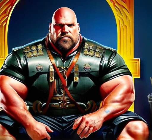 Hyperrealistic image of an elderly blonde 19th century Steampunk trapeze artist superhero sitting on a trapeze hanging in the Polish air with a bare torso Combed gray hair and huge handlebar mustaches A super heavy bodybuilder flexing his muscles A full body obese bodybuilder with a very sweaty An extremely muscular, extremely fat man over 70 years old weighing over 600 pounds A very hairy muscular man with very large legs and large sagging pecs dark nipples and gynecomastia on a steampunk circus stage with red velvet curtains and fringes gold dress with white leggings and a tutu at the waist