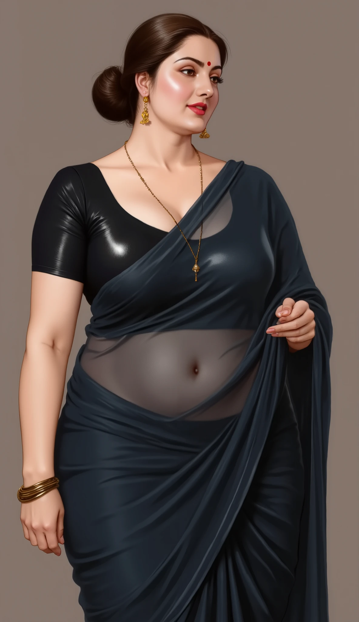((Centered composition, perfect framing, no cropping)), a high-quality painting by renowned artist Manimala, a traditionally styled Indian woman with a full, curvy body type, curvaceous and busty with large breasts and deep cleavage, intricate facial features, serene expression, She wears a red bindi, delicate gold earrings, and a traditional low bun hairstyle with dark, glossy hair parted slightly off-center. The bun is neatly coiled at the nape of the neck, giving an elegant and composed appearance. A few soft, loose strands fall naturally around her temples and cheeks, gently framing her face. The hair has a healthy sheen, appearing well-groomed yet effortlessly graceful, adding a romantic, slightly tousled charm to her traditional look, elegant posture, adorned with delicate jewelry, wearing reflective glossy shining black transparent Saree with very deep low neck black shining silk blouse, The overall style is vivid, colorful, and richly textured, blending traditional beauty with cinematic artistry — 8K, ultra-detailed, soft volumetric lighting, photorealistic, oil painting style, rich tones, goddess-like presence, evocative and serene.