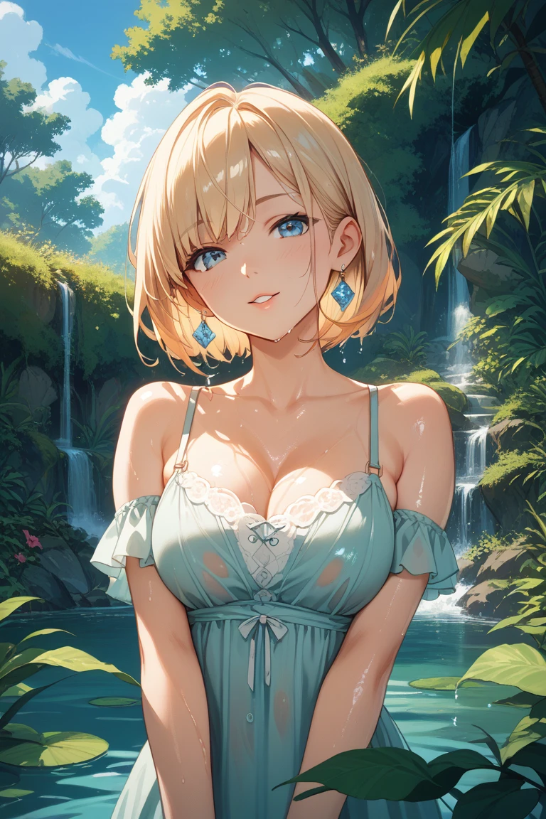 Beautiful and fair、Radiant Skin, 3 Up, Gorgeous, bright, Fresh and gentle expression, Perfect beautiful face、Beautiful shiny bangs, A very beautiful 17 year old girl, Eyeliner, Very perfect eyes，Large Breasts，Grooves reveal original skin，Muscular body，White clothes，Blonde short hair