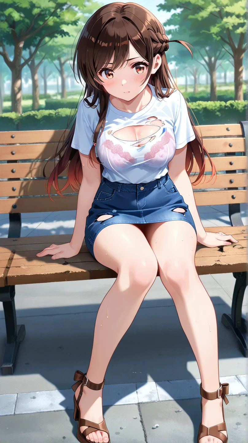 A Cute Girl, Long Dark-Brunette hair, Beautiful Blue eyes, very incredibly Busty, super wide hips, huge Thighs, and is mildly muscular. Wearing an old Red Jacket, (Low-ish Cleavage White Shirt), (Heavily Worn Dark-Blue Jeans), and Grey Boots. Sitting on an old wooden-bench at a Lakeside Campground. (Best Quality), (Best Resolution), (Perfect Lighting), (Perfect Shadows), (Perfect Texturing), (Solo), (masterpiece), She has a cute little smile, and is looking at the viewer,