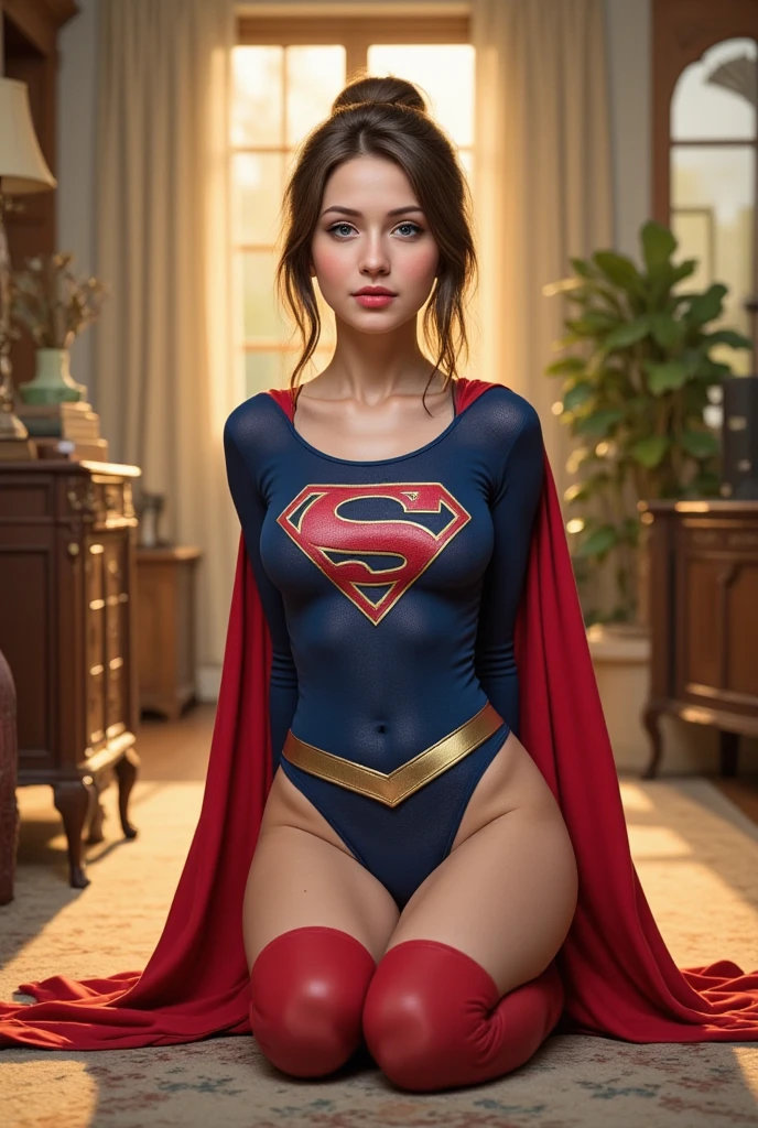 (best quality,4k,8k,highres,masterpiece:1.2),ultra-detailed,realistic:1.37,a masterpiece,Short-haired Supergirl straddling a desk at school、large full breasts、Looking at the camera、Glossy costume、a choker、bare-legged、Magazine covers、