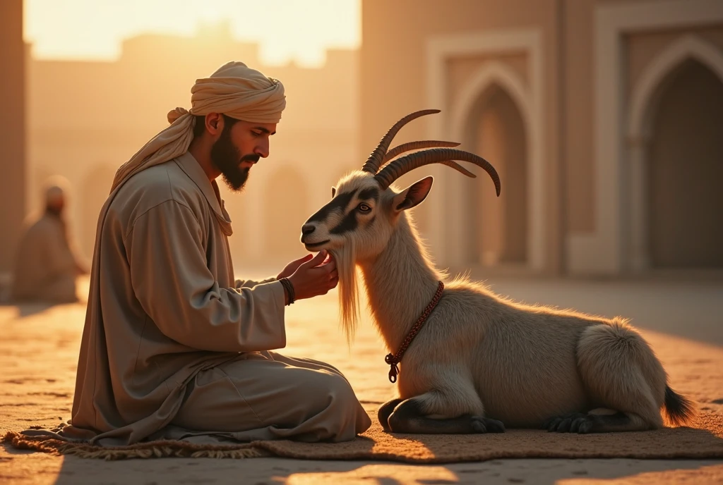 Arabe a quatre pattes met son nez sur la queue de la chèvre