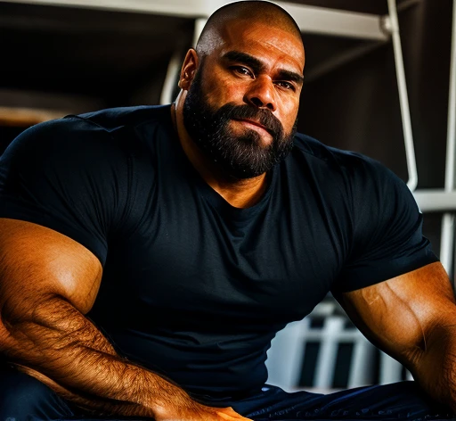 hulk photography, light cinematic heavyweight bodybuilder, 75 kg of complete muscle, Bigote grueso y trozo chino barbudo, hombres muy guapo. perfect body proportion,, hypermuscular nalgon, realista, cowboy with hat, gray shorts, , trasero inclinado