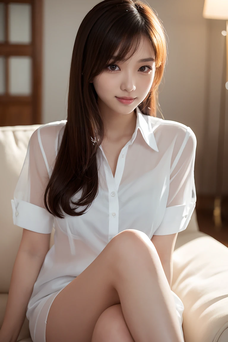 Surreal 8K CG,perfect faces,Impeccable perfection,ren,tmasterpiece,professional artwork,famous artwork,Innocent 14-year-old girl、((Wear a long-buttoned shirt)、Wear thickly, Small cotton panties、Sitting in the room、A Smile、Raw foto, (8K、Top Quality、masterpiece:1.2)、(delicate detail:1.4)、(Photorealcitic:1.4)、octan render、Complex 3D rendering, Ultra-detail, Studio Soft Light (Studio Soft Light), vibrant details, Super detailing, Realistic Skin Textures, Detail Face, Beautiful detail eyes, Highly detailed CG Unity 16k wallpapers, Makeup-, (detailed background:1.2), shinny skin、turned around、exposed thighs!!!,Sorrisos, Wave hair, Spread your legs