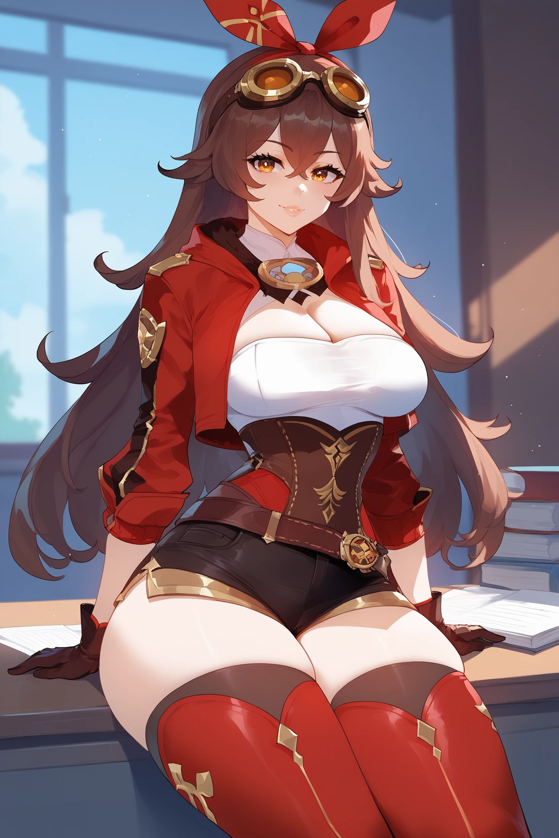 1goat woman, goat ears, golden horns, goat tail, long curly pink, red flowers crown, perfect eyes, blue eyes, glasses, serious face, golden necklace, long-sleeved pink tunic with white details, Red Bracelets, red sandals, red star-shaped scepter, big breasts, big ass, temple background