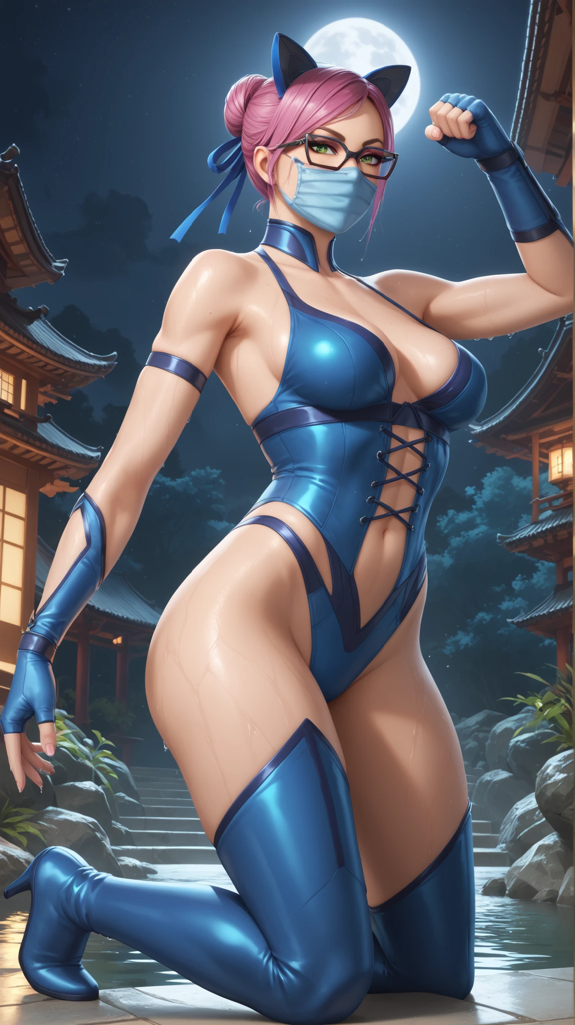Playful Blue Skin Twi'lek with (huge breasts) wearing a tight short gold cocktail dress, short dress, high neck, sleeveless, (keyhole cleavage), tattoos, large natural breasts, cleavage, long legs, toned, slim hips, small waist, full-body shot