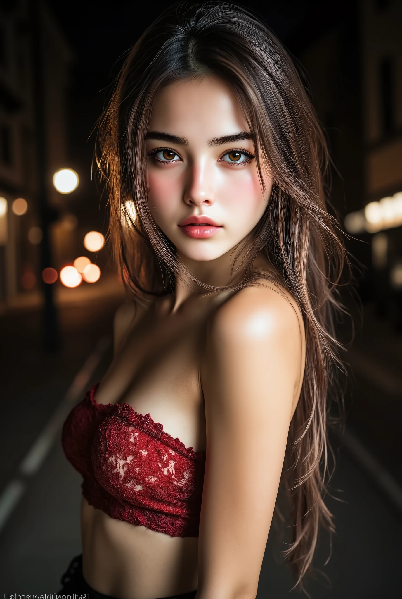  [Style: "masterpiece, realistic, (photorealistic Realism), ultra-detailed, Hyper high resolution" - "(Hyper quality, intricate ultra-detailed digital art)"](Key Directive: - ("The priority is the anatomical accuracy and texture of the materials" - "Ultra-sharp human eyes with biological accuracy") "Eyes:{(acid-resistant terminology)(macro-details:1.3): Moist corneal surface(visible aqueous layer:1.2)Hyper-detailed iris stroma ((brown:1.3) with gold flecks) Precise limbal ring (slightly neons pigmentation:1.25)Pupil micro-texture (irregular edge authenticity:0.9) * Vasculature in sclera(subtle red veins radiating from limbus)" - "Lashes: pink individual synthetic fibers (crosshatched roots,clump-free separation)" | Pose: "((full body combat-ready stance)) (plausible spinal twist)"Technical Specs:(Optics: - "Zeiss Otus85mm f/1.4 lens(eye refraction calculations:0.66)" - "Shutter Speed:1/500(freeze eye micro-movements)" - "Focus Stacking:7-point coverage on iris plane") (Post-Processing: - "Frequency separation for skin vs eye details" - "Selective sharpening: eyes180%,hair120%" - "Denoise: luminance20,color35(retain corneal speculars)") {Character: (full body shot:1.3), [beautiful girl, perfect female skinny body], (Beautiful long legs in good style:1. 25) "((firm, protruding buttocks))]" Costume\ ((black silken skirt (tinyskirt:1.28), no_panties, curvy)), ((short skirt wrapped at the hips:1.23)) , (red (white) black , epic lacy:1.38), (mesh stockings (red lace)), ((curly hair(slicked to the two side)Intricately detailed)), ((city night , walking On the street)), (Rendering engine: "Unreal Engine 5 path tracing, 16K texture maps") | The ultra-Highres,Unreal 5,Subsurface scattering,PBR Texturing,Post-Processing,Anisotropic Filtering,depth of fields,Maximum Sharpness and Sharpness,multi-layered texture,Precise simulation of light-material interactions,perfectly proportions,Octane rendering, Wide Aperture, low ISO, white balance, The rule of thirds