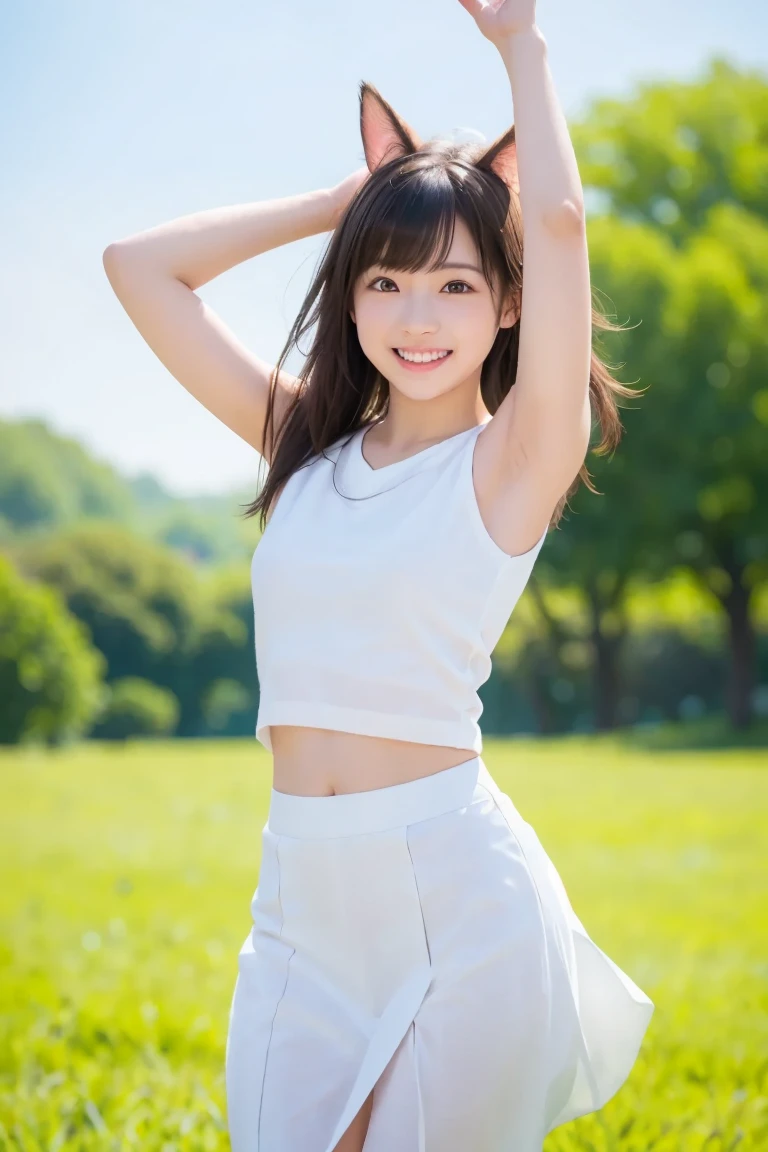 Highest quality, masterpiece, Ultra-high resolution, 8K, born, (Photorealistic:1.4), Professional lighting, Low - Angle, 1 girl, (Background details:1.5), Tokyo Shibuya Street, whole body, slender, Dynamic Pose, cute, smile, Small breasts, Detailed clothing, crop_top, (white, Mini flare skirt)