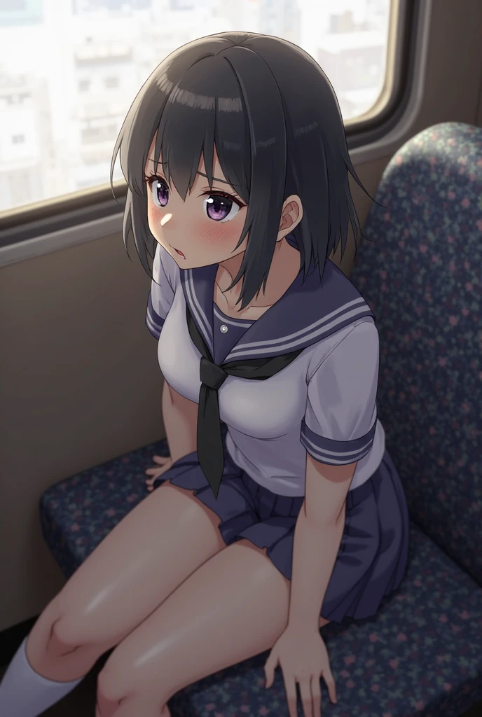 A girl with erect nipples, black short bob hair, small breasts and pale pubic hair is crying and unwillingly on a train while being forced to hold his penis by a molester.