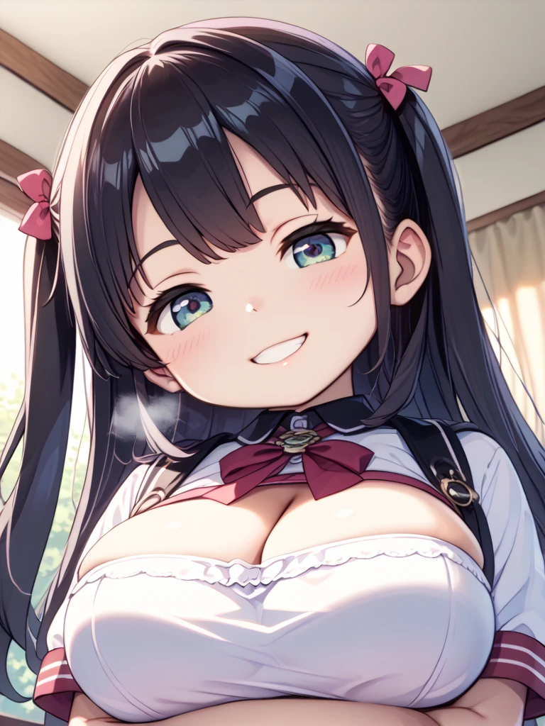 masterpiece, best quality, purah, red glasses,Off the shoulder dress， hair accessories, white jacket, sleeveless tops, black skirt, Upper body, from above, looking at the audience, Smile, open mouth, Frowning, rural ，cleavage