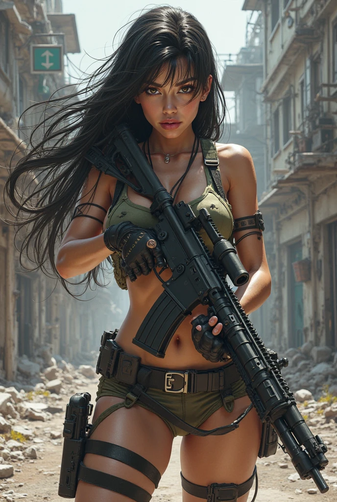 Heavy metal Militar girl with bazooka, post-apocalyptic city, insanely detailed real shiny skin, masterpiece body quality, real color, erotic and sensual, d cup, big chest, sunglasses, 8k resolution🔥, Miki Asai Macro photography, close-up, hyper detailed, trending on artstation, sharp focus, studio photo, intricate details, highly detailed, cinematic by zack snider