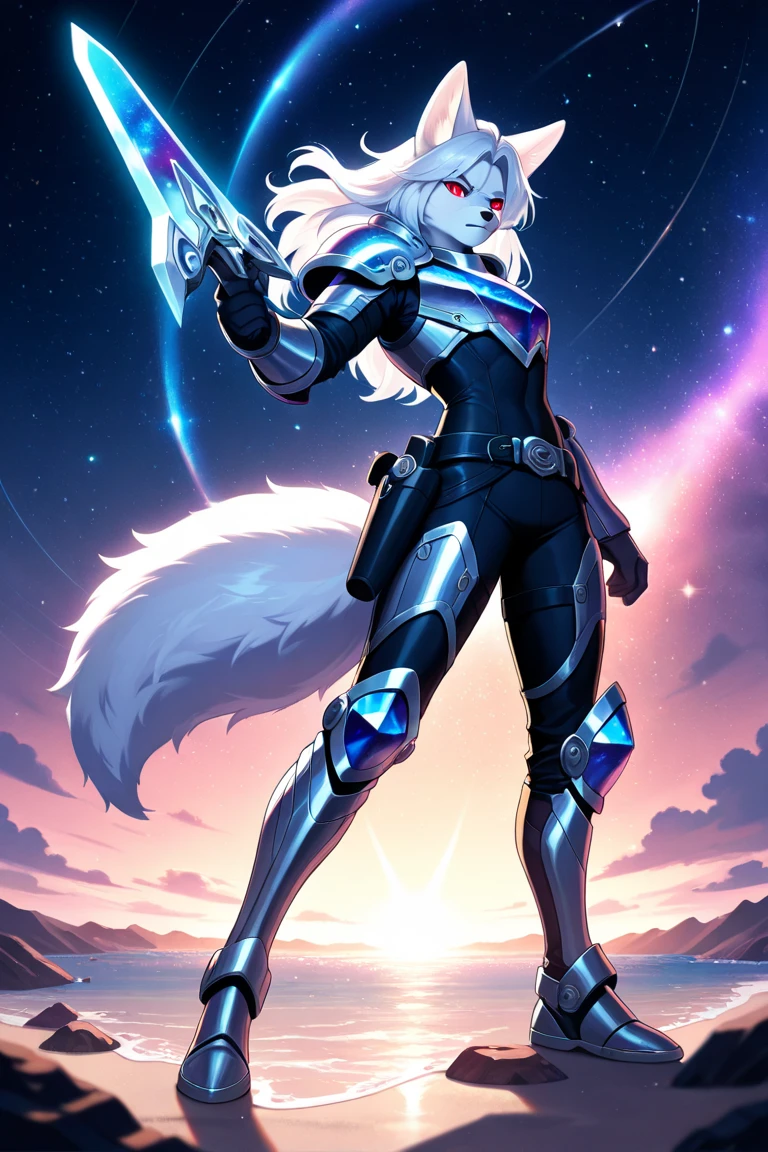 A (((heart stopping, meticulously detailed digital art piece))) depicting a (((High tech fantasy female wolf goddess))) ((smoking cigarette)) a ((cute anthro wolf godess)) with a ((beautiful blue and white mane of fur)) extending down her back in a (((white and blue power suit space armor))), her back turned towards a (distant, extraterrestrial landscape), with breathtaking (((crystal structures))) and vast, ((planets)) twinkling in the vast, black backdrop of an (intergalactic spaceship)
