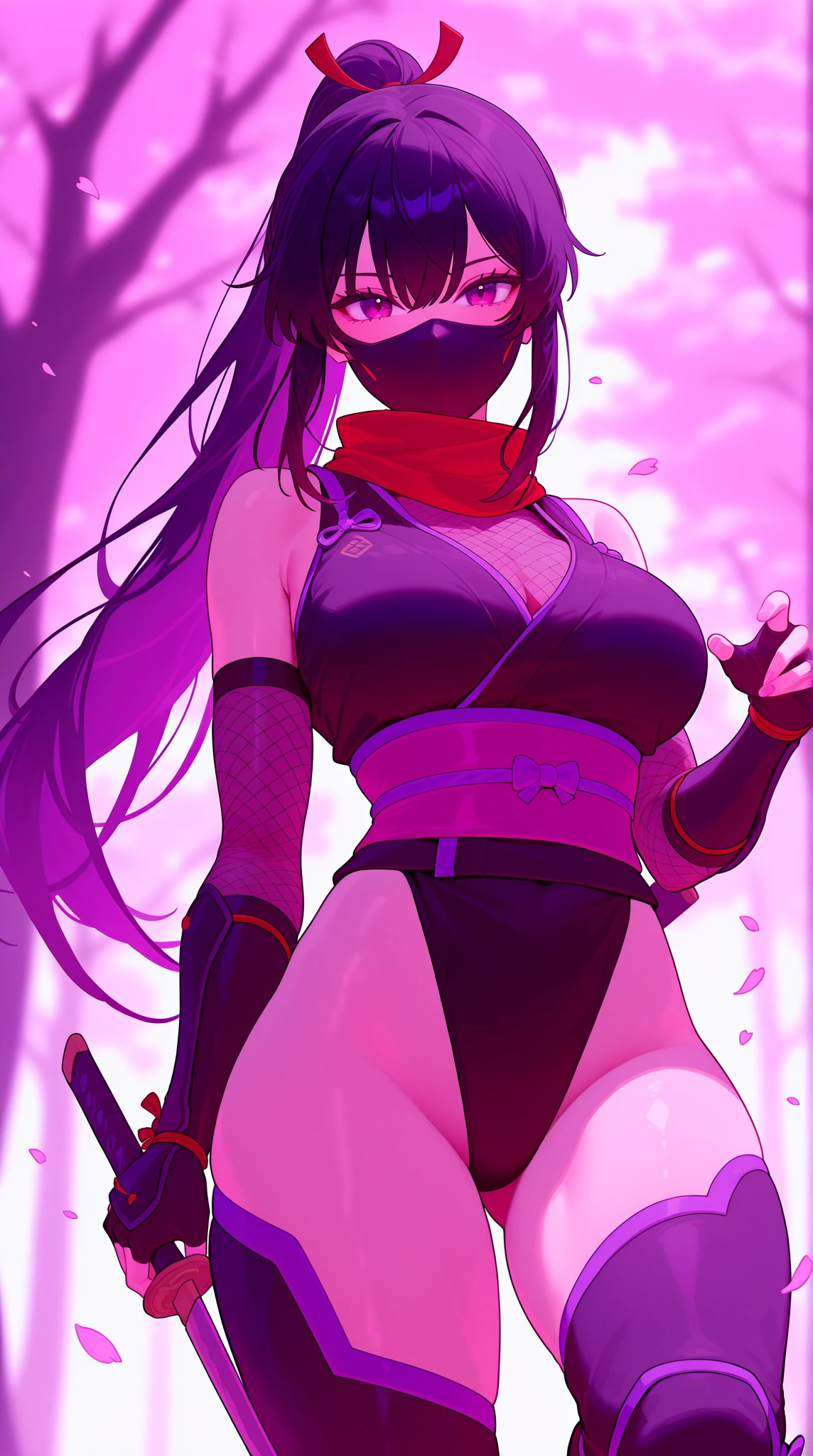 Masterpiece, best quality, expressive eyes, perfect face , 1girl, solo, breasts, black hair, weapon, mask, ninja, cleavage, pointy ears, large breasts, long hair, ponytail, mouth mask, tattoo, thighhighs, hair over one, purple eyes, pelvic_curtain, panties