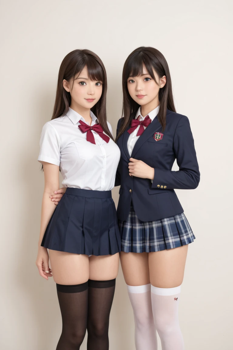 2 girls in school classroom,white bra,red plaid bow tie,break,dark blue blazer,break,18-year-old,bangs,a little smile,thighs,knees,short hair and pigtails with barrete,from below,front light