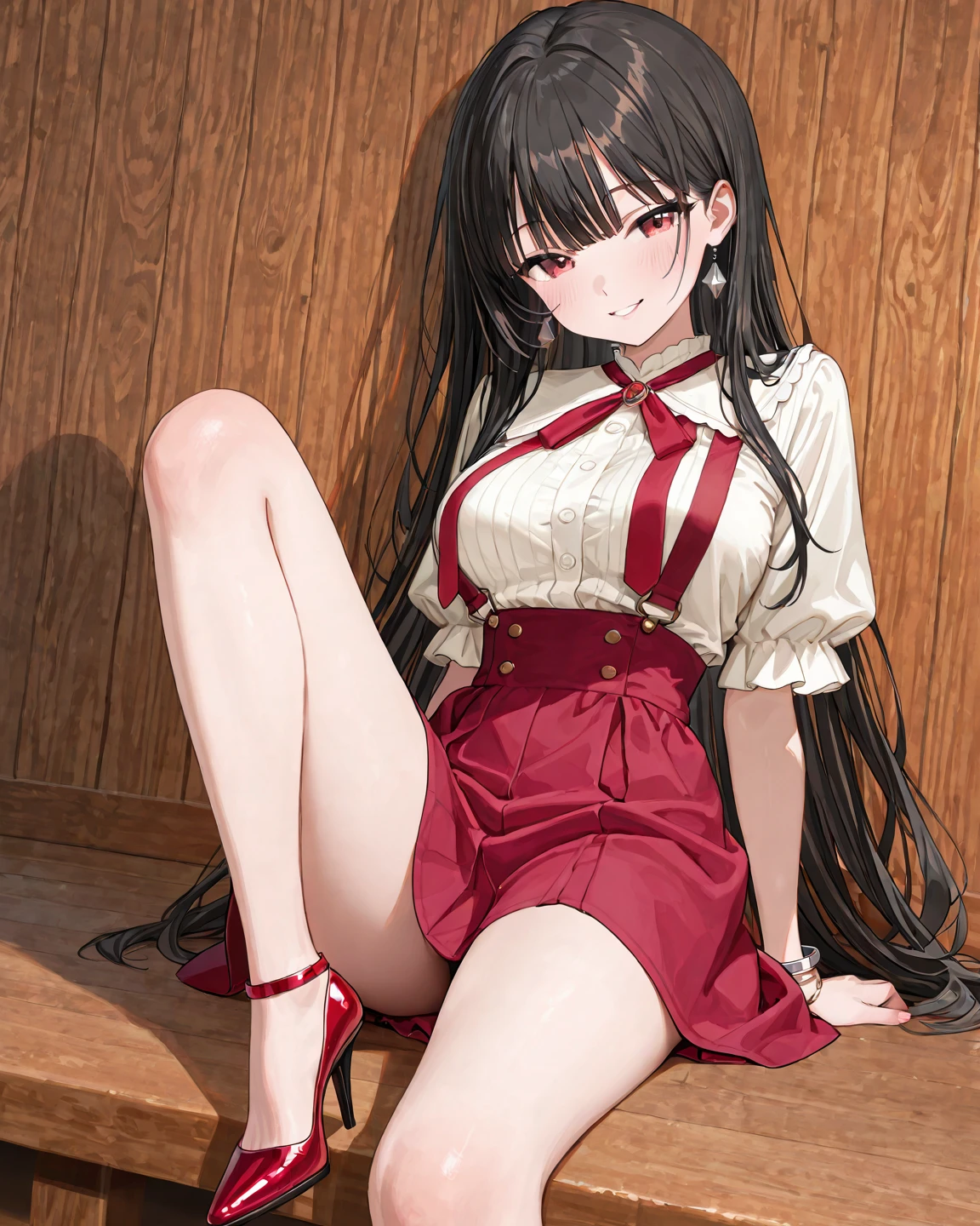(8K, Highest quality, Highest quality, masterpiece), allfours, (denim hot micro shorts), (shorts aside & vulva peek), big breasts, ((spread legs 1:2)), (fullbody), aasuzune, long hair, black hair, (single braid:1.2), hair ribbon, red jacket, blazer, blue bowtie, long sleeves, black thighhighs