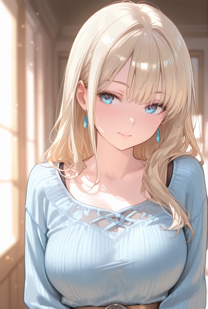 gorgeous adult woman, long neck, long blonde hair, bangs, perfect eyes eyes, soft light, high quality, 4k resolution, casual clothes, bead necklace, knit cardigan