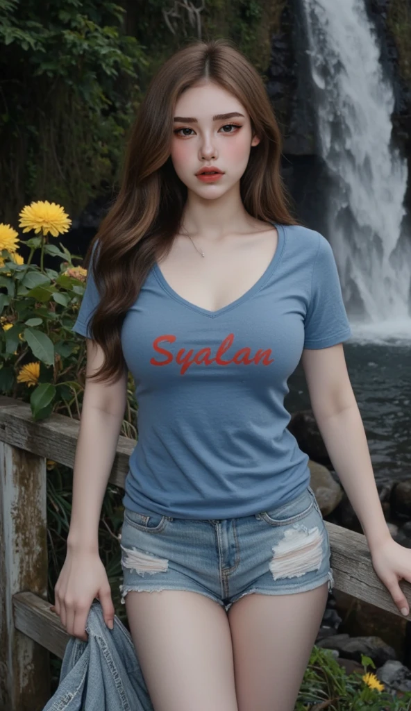 Browsing Caution,masterpiece,Highest quality,8K,20-year-old,,Brown ponytail with bangs,Brown tan skin,(Saggy breasts,Large areola),T-Shirts,Underboob,Droopy eyes,Sexy thick lips,(((Drip lotion ,Oily skin))),jeans,Touching the chest with both hands,Charming smile,Angle from below,T-Shirtsを両手でたくし上げる