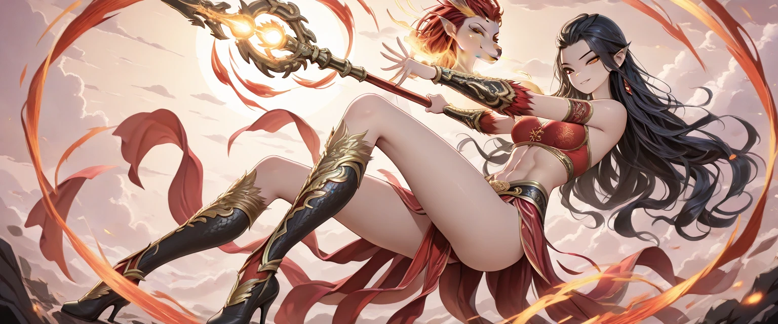 (tmasterpiece,top Quority,best qualtiy,offcial art,Beautiful and aesthetic:1.2),A scene depicting a female god of war fighting a red burning demon with huge horns in hell,She is a great giant,She is a lovely princess,She is a strong warrior,Flame,lightning in sky,magma,At the foot of the mountain,Mountains in the distance,(theelementoffire:1.4),Realistic flames,Highly realistic,Correct anatomy,fully body photo,Bulge,Cute big breasts,revealing breasts,legs separated,plumw,Desire for dissatisfaction,Bare genitalia, Camel toes,Sexy gesture,climaxing,Sexual huge breasts cleavage, Barefoot,Sexy gesture,Fist to flesh,(zentangle,datura,Tangles,entangled)(Long hair and flesh,Bare ,),Married Woman,熟妇,s delicate face,beatiful detailed eyes,Correct anatomy,Detailed face, Detailed eyes,holy rays,gold foil,Gold leaf art,Deep background,absurderes,Fantastic and incredible,Epic composition,(Complicated details,Hyper-detailing:1.2),Ultra photo realsisim, epic realistic, ((com cores neutras)),(pastel colour:1.2), Hyper-realistic, + cinema shot + Dynamic composition, Incredibly detailed, Sharpen, Cinematic, warm lights, Light effect, Dramaticlight, (Intricate details:1.1), the complex background, (greg rutkovsky:0.8), (black and red:0.4),