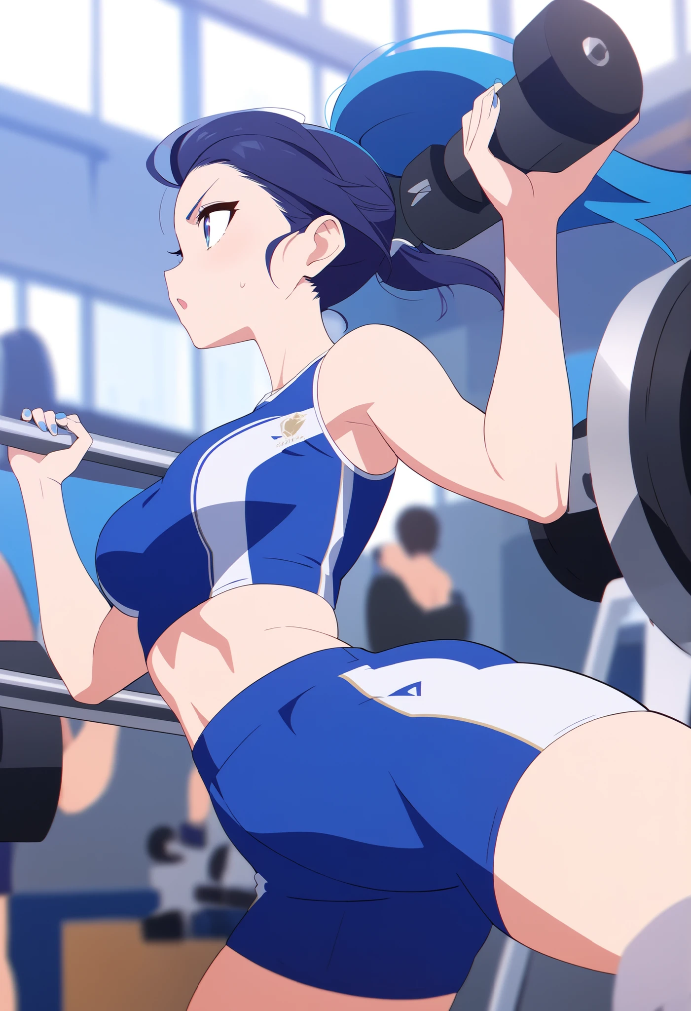 Cute slim high school girl, boxing gym, getting punched in the stomach, expression of pain, gritting teeth to hold on, only some muscle tendons visible, light blue eye, short light blue hair, small breasts, tank top, pants shorts