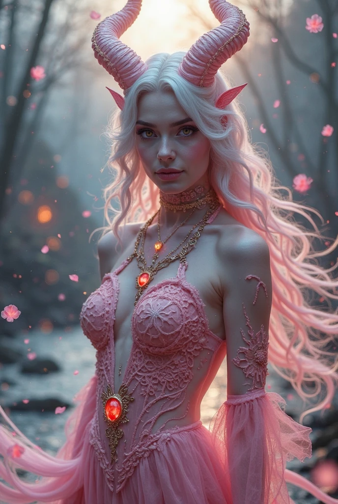 (((elven))) female, 30 years old, with curly rose-pink hair swept aside to display her elegant elven ears with pearl studs, her pink eyes soft and radiant, a heart-shaped face with a gentle blush, her lips glossy with a rosy tint, wearing a pink lace dress with floral patterns that clings to her curvaceous body, a floral necklace at her throat, standing in a lush jungle, towering ferns and vibrant orchids crowding the air, a distant volcano smoking against a teal sky, ultra-realistic, HDR, rendered 8K.