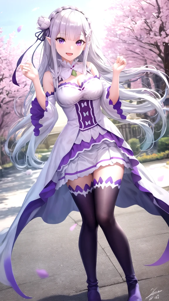 Lezero emilia, emilia, Braid, Crown Braid, flower, ヘアflower, hair ornaments, ヘアribbon, long hair, pointed ears, (purple eyes:1.2), gray hair, X hair ornaments,
Break Detach Color, removed sleeve, frills袖, frills, long sleeve, ミニskirt, プリーツskirt, ribbon, skirt, thighs thighs thighs, 白いskirt, white sleeves, white thighs, wide sleeve, zettai ryouiki,
break (muste piece:1.2), highest quality, High resolution, unity 8k wallpaper, (illustration:0.8), (detailed and beautiful eyes:1.6), highly detailed face, perfect lighting, Highly detailed CG, (perfect hands, perfect anatomy),standing、bad fall, 1 girl, alone, genital tattoo,remake、Lipstick、eyeliner / Mascara Eyeshadow bad fall、Bad Woman、bad looking、empty eyes、psychopath、Eyes pink、grin、smile, light smile,knife、Low - Angle、long legs、long toes、Transparent pupils are moderately large))full body image、high heels、Accentuated legs、(high heelsを履いている、white thighs、white knee highs)、Spooky, , worm, ,tentacle, flesh-colored,Muchimuchi、マイクロミニskirt、black panties、D, A chest that is about to burst, cleavage,、too long、9 life-size models、