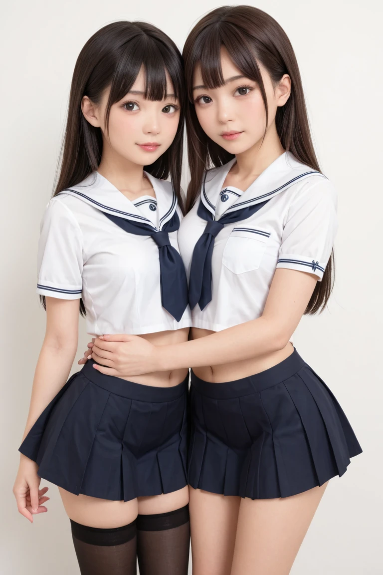 2 girls walking in wooden school classroom,white micro bikini,18-year-old,bangs,a little smile,thighs,knees,short hair with low pigtails bunches with sailor ribbon bow,from below,front light