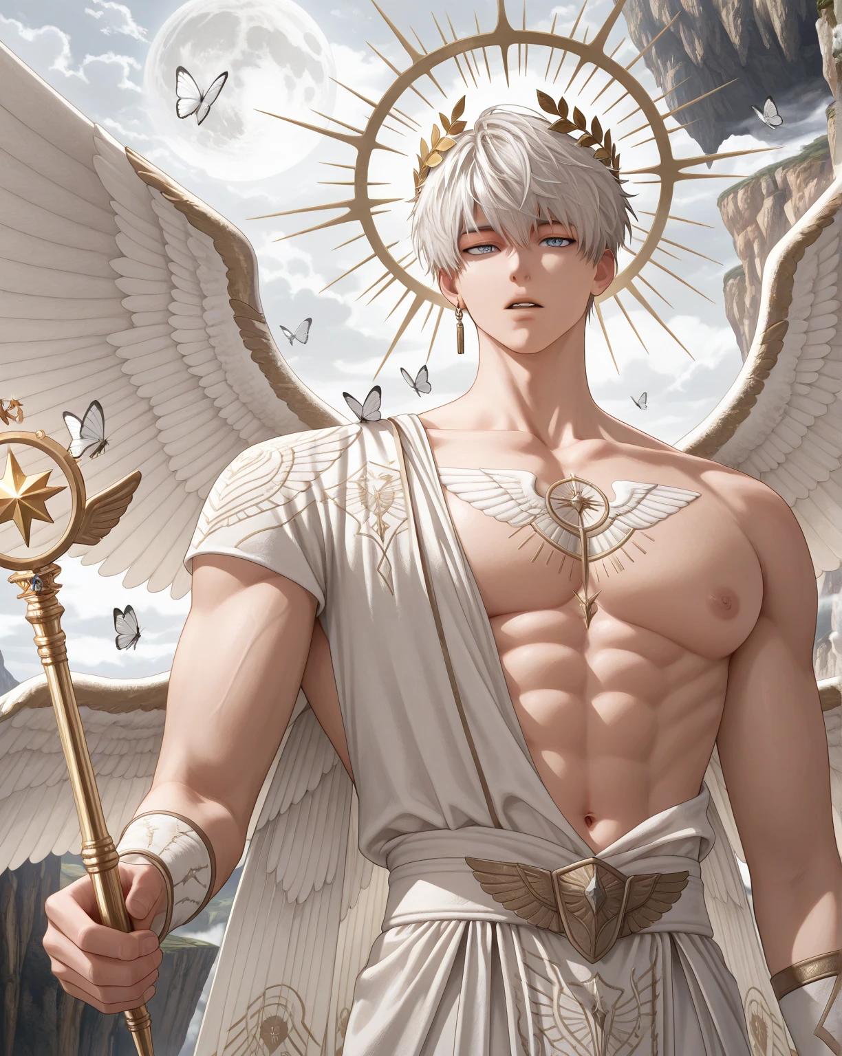 White-haired male angel with a golden crown on his head，Holy Cross in hand，There is an angel halo on the head，There is a pair of white wings on the back