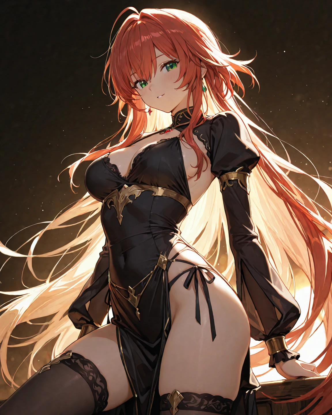 anime girl, naked back, black dress, woman, feminine attractive woman, black carpet dress, red hair, standing with back, looking back, masterpiece, unsharp, 8k resolution, naked back, attractive, sharp jawline, feminine face, attractive slim hands, attractive body, attractive face, attractive hands, yellow eyes, makima, best quality, makima anime girl, proud attractive face, sexy butt, detailed hair, detailed hair, She has a striking appearance with red hair flowing down her back, Her eyes are a piercing shade of yellow, adding to her allure and hinting at hidden depths. Makima's presence is undeniably attractive, exuding a mix of elegance and a subtle, commanding aura. She is wearing black carpet dress with a naked back, highlighting her graceful posture and adding to her enigmatic allure