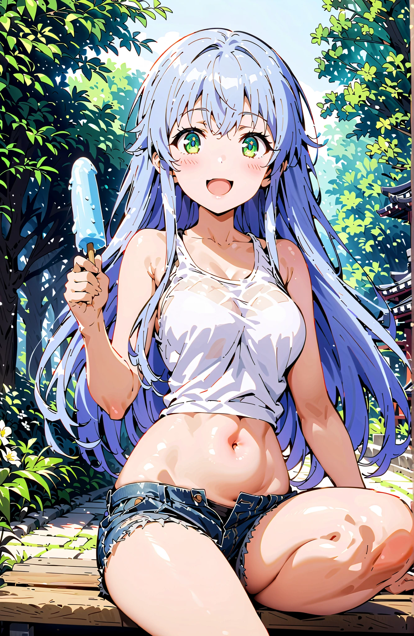 score_9, score_8_up, score_7_up, source_anime, Prohibited bibliography, green eyes, blue hair, split bangs,long hair,Holding a popsicle with one hand,eating ice candy, smile,blush, open your mouth,tank top,belly button out,denim micro shorts,sitting on a bench,summer,昼full bodyがイラストに入るように, Beautiful Streetscapes,in their 40s looking at viewer,full body,in their 40s outdoors,Japanese Garden,
in their 40s (masterpiece:1.2), best quality, high resolution, Unity 8Kの壁紙, ( 's art :0.8), (beautiful detailed eyes:1.6), very detailed face, perfect lighting, very detailed CG, (perfect hand in h, perfect anatomy),