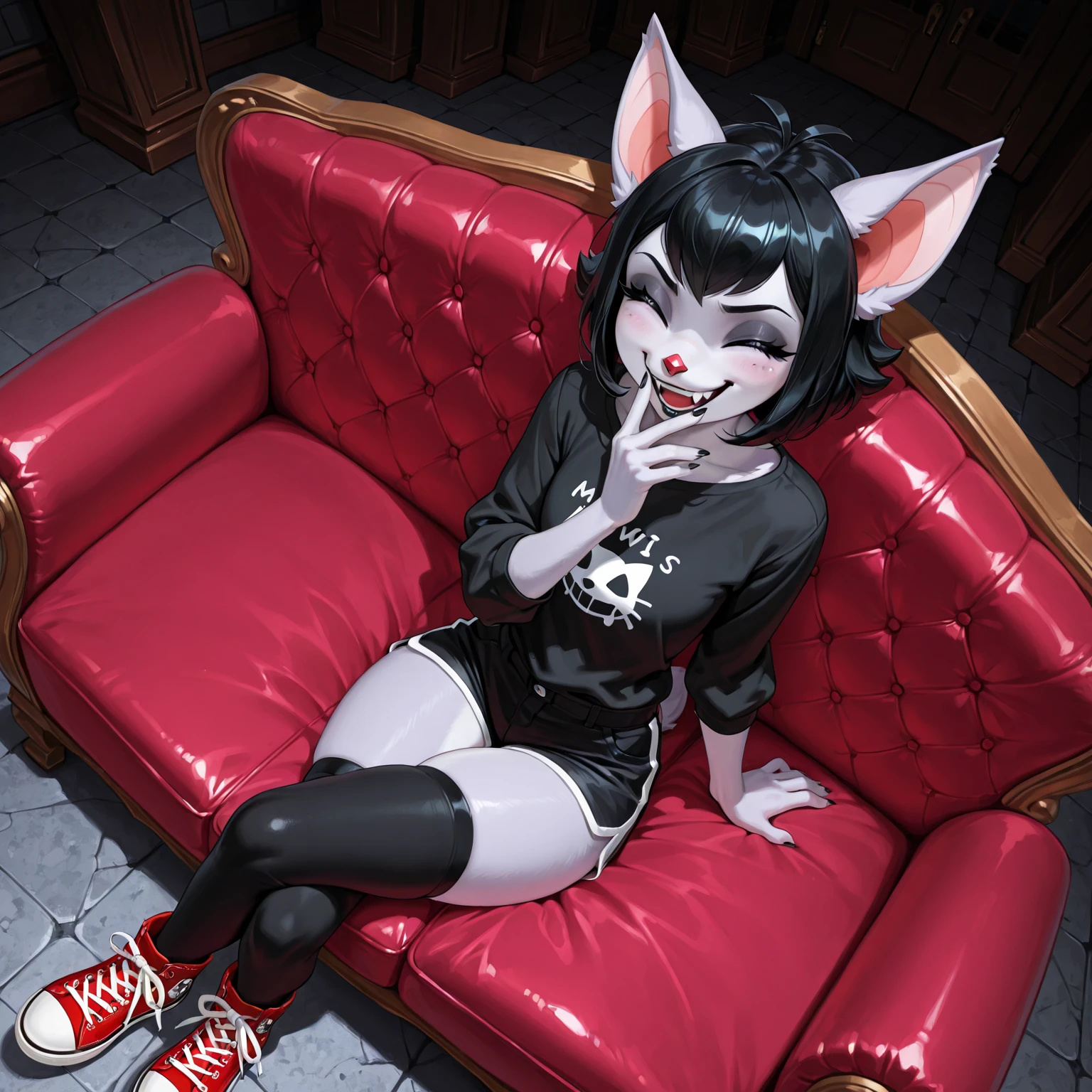 uploaded on e621, nsfw, raw photo, realistic, anthro, detailed face, detailed fur, snout, crymini hazbin hotel, crymini, clothed, Spiked Collar Choker, fox girl, high res, high resolution, sfw, dark, shadows, (winter sweater, winter outfit, sweater dress:1.3), thigh-highs, leg warmers, full body, (cleavage:1.2), ((gigantic breasts):1.1), (thin waist, wide hips, huge soft thighs:1.1), laying down in bed, red bed sheets, bedroom, soft lighting, detailed background, panting, steamy breath, sweat, blush, deep blush, nervous, laying on her side