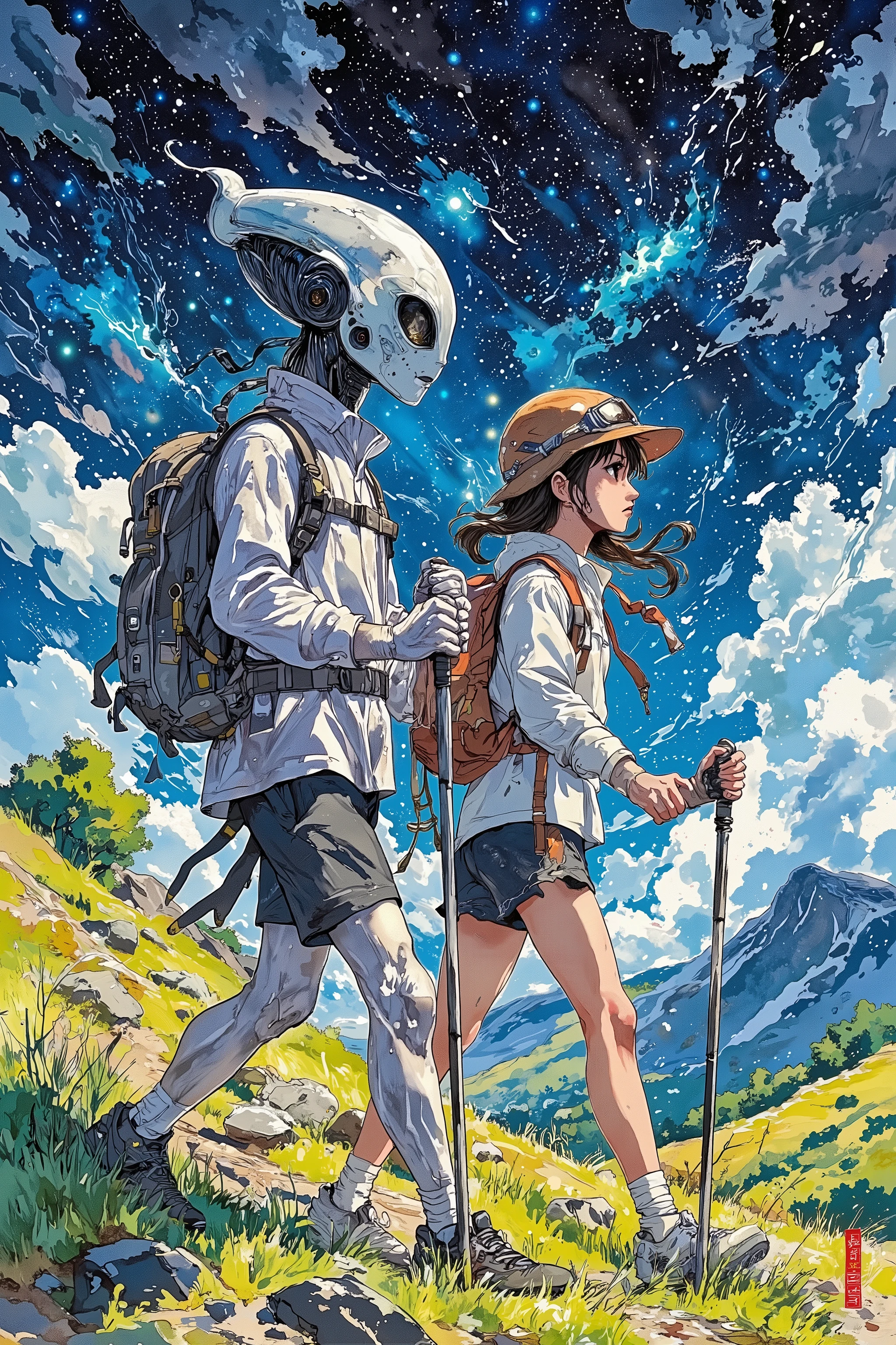 from side,side view,wide view,alien couple,husband and wife,sporty outfits,sweat,outdoor workout,hiking,holding Trekking pole,beautiful galaxy night sky,beautiful scenery,in summer,land scape,vivid color,bright tone,dynamic pose,dramatic moment,dynamic angle,Takehiko Inoue style,beautiful detailed,Anatomically correct,High Definition,high detail,Illustration style, Zen Ink Wash Sumi-e,a hand-drawn sketch and watercolor style,